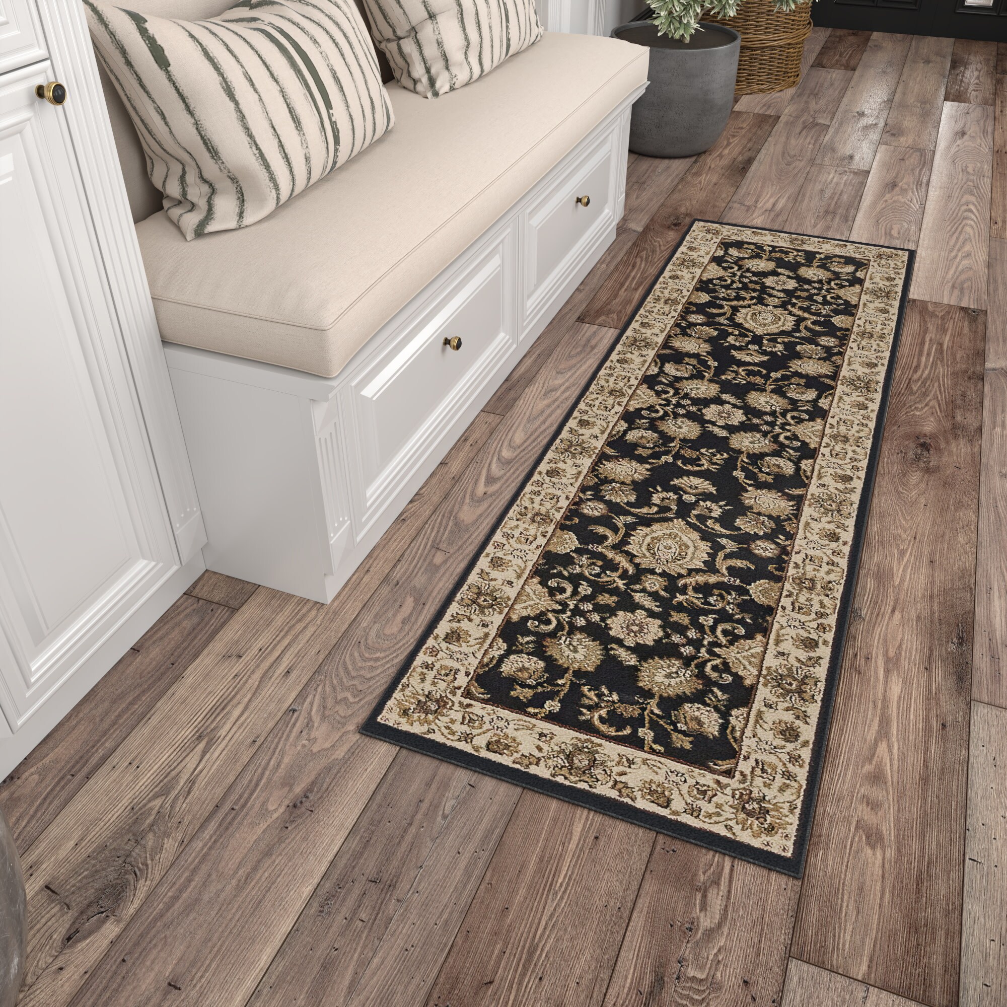 Tayse SNS4723 2X10 Sensation 2 x 10 (ft) Loomed Polypropylene Black Rectangular Indoor Border Oriental Runner rug