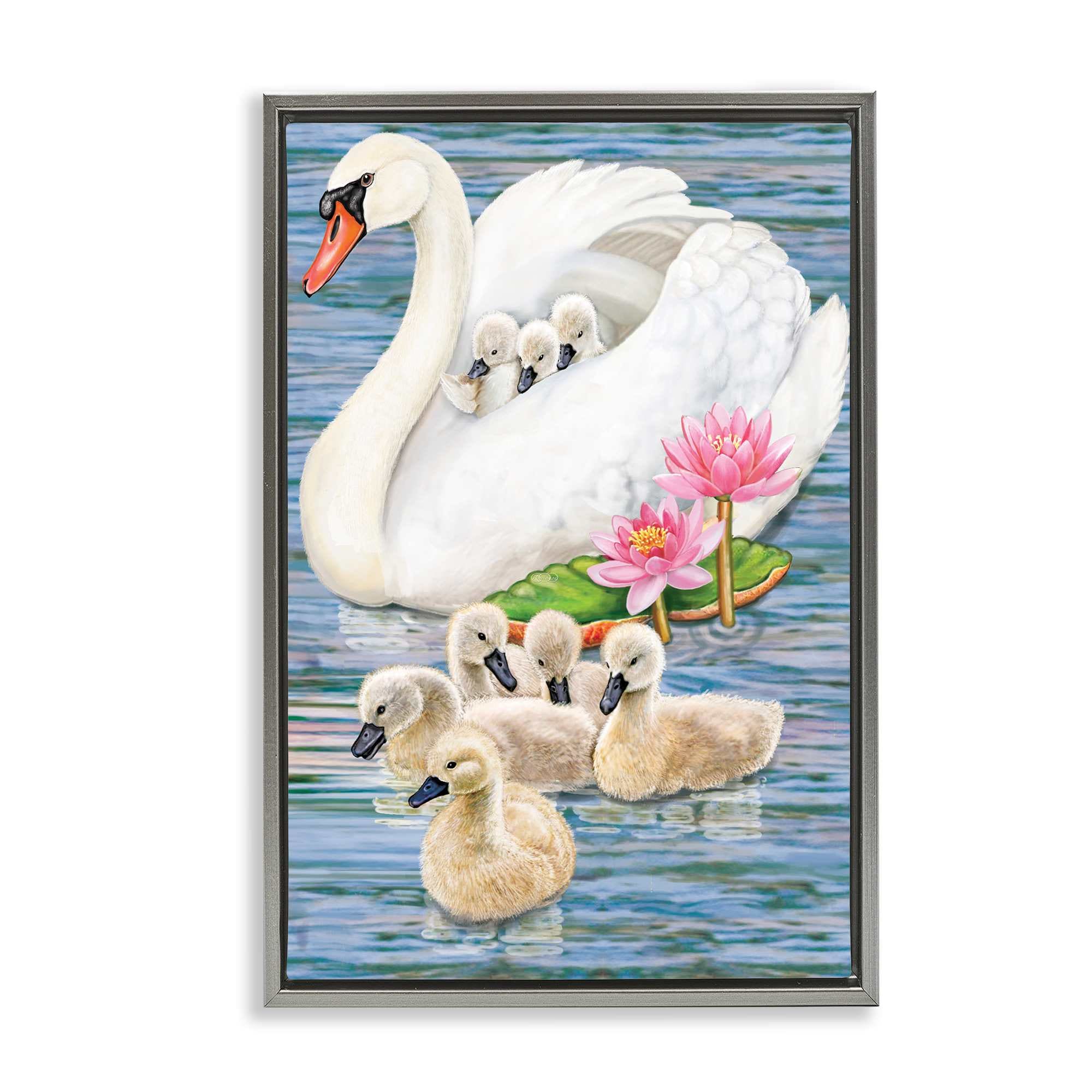 Stupell Industries BT-360-FFL-20X30 Swan Family and Lotus Flowers Gray Framed Floater Canvas Wall Art By Rosiland Solomon 21 x 31