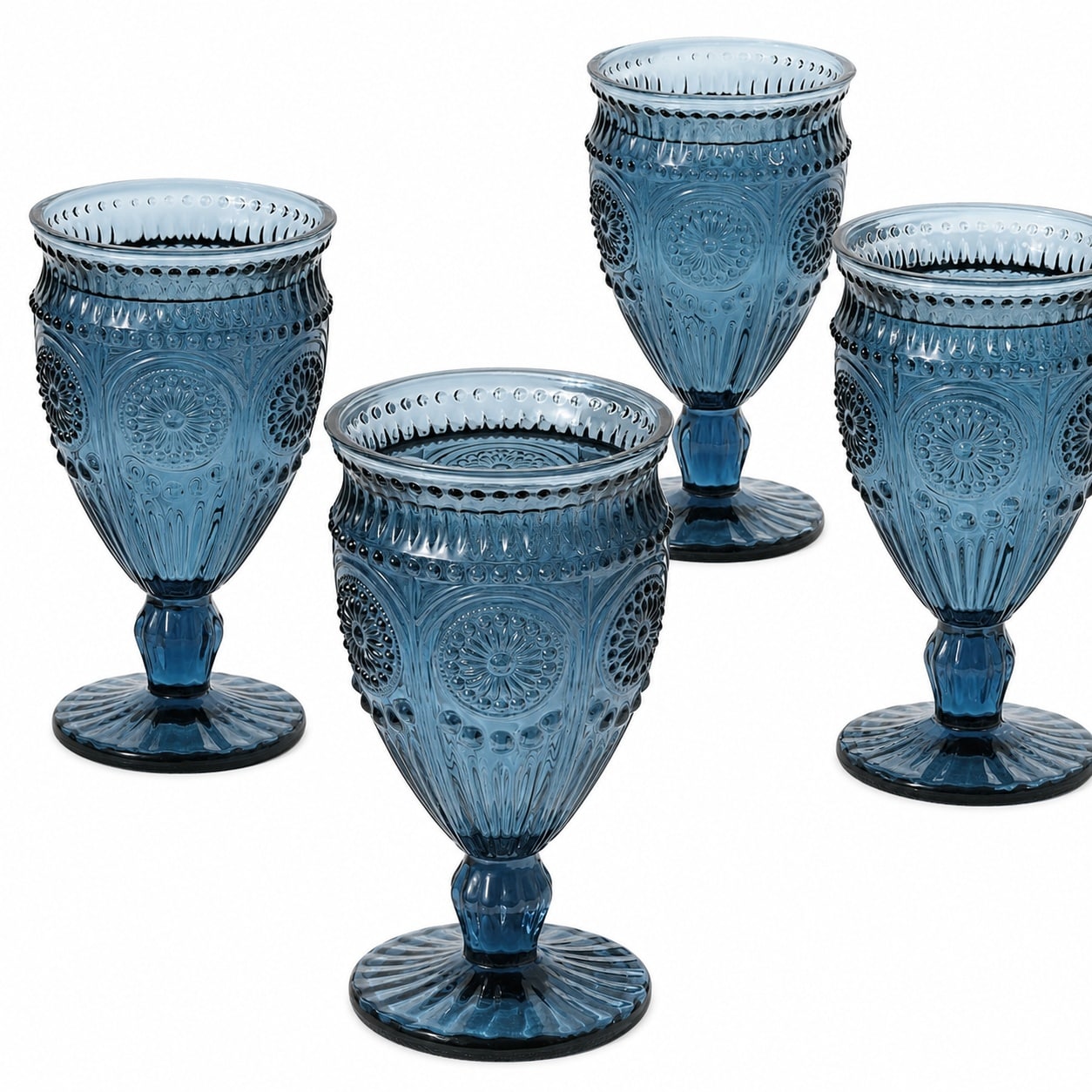 Aoibox  Vintage Embossed 12 oz Blue Colored Stemmed Lead Free Glass Wine Water Goblet Glassware Set Set of 4