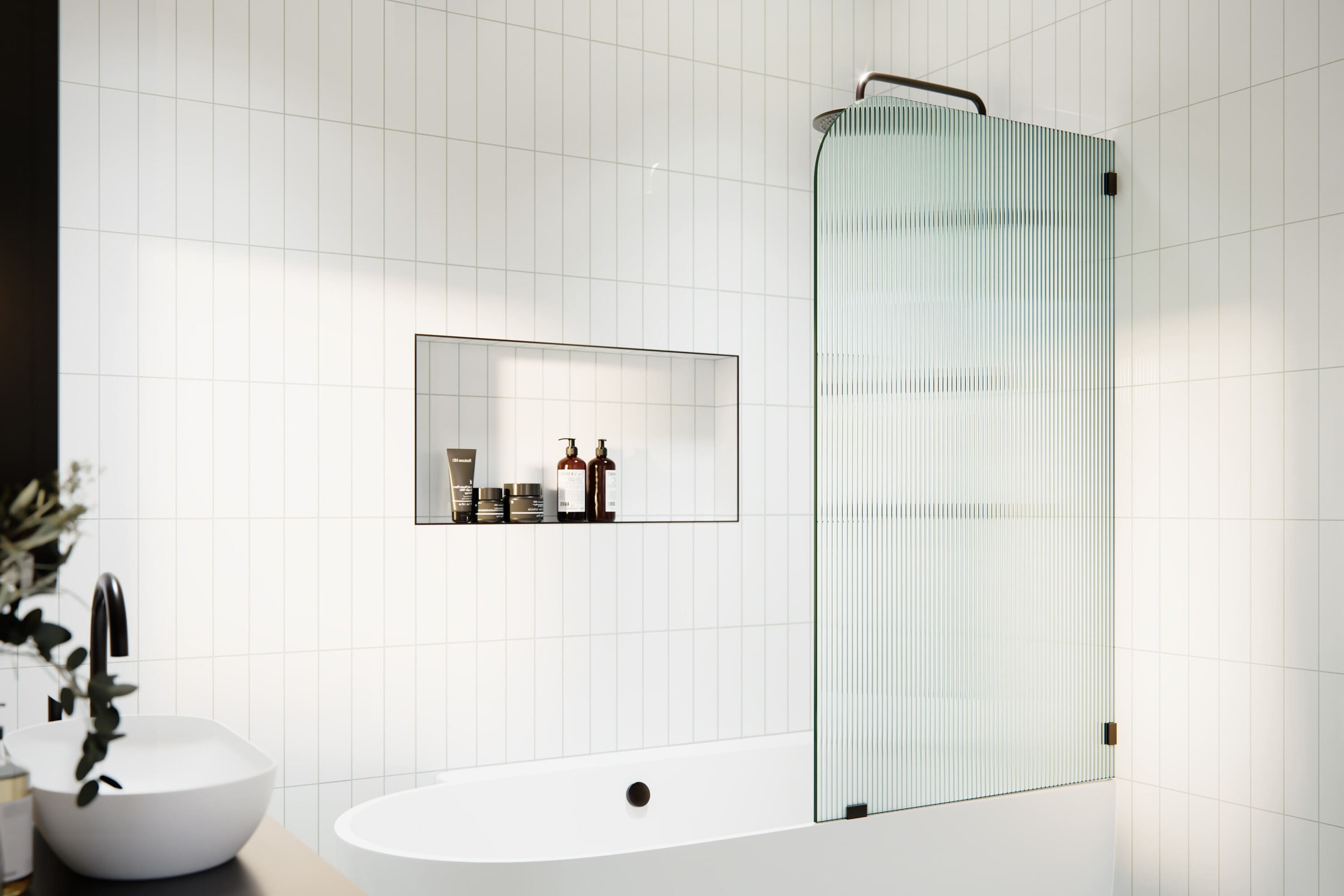 Glass Warehouse B-FL-RAD-34-R-ORB Oil Rubbed Bronze 34-in W x 58.25-in H Frameless Fixed Bathtub door 3/8-in Thick Fluted Glass