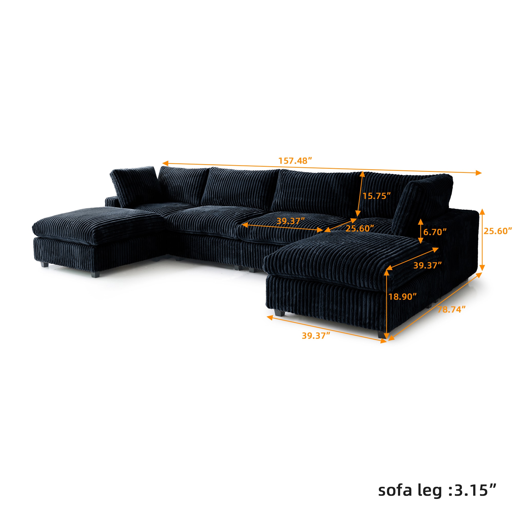 BuotiqHom 157-in W Modern Black Velvet 4-seater Sectional with Slipcover