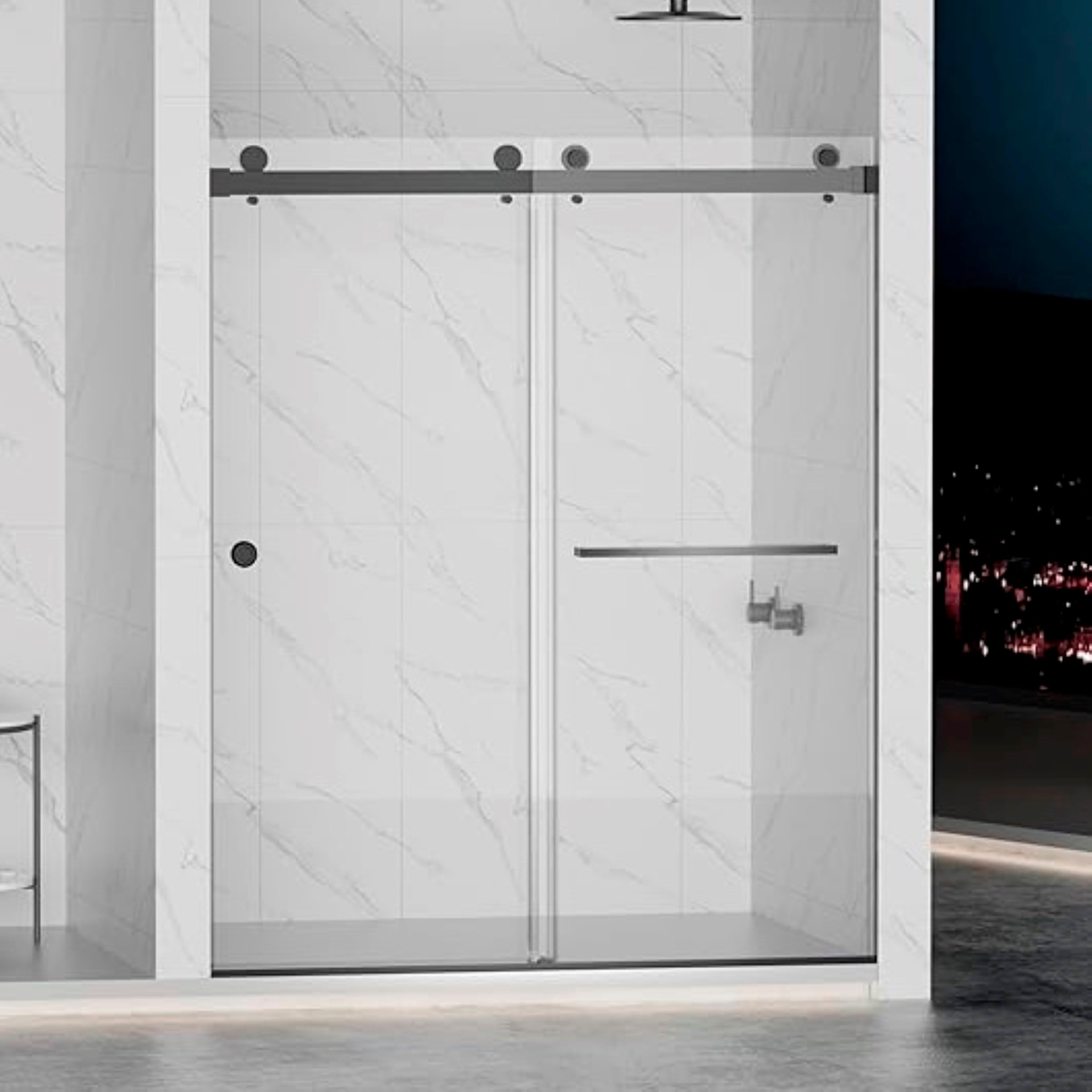Tahanbath 55 - 59W x 72H Frameless Double Sliding Shower Door Matte Black 304 Stainless Steel 8mm SGCC Tempered Clear Glass Round Handle NANO Easy Cleaning Coating