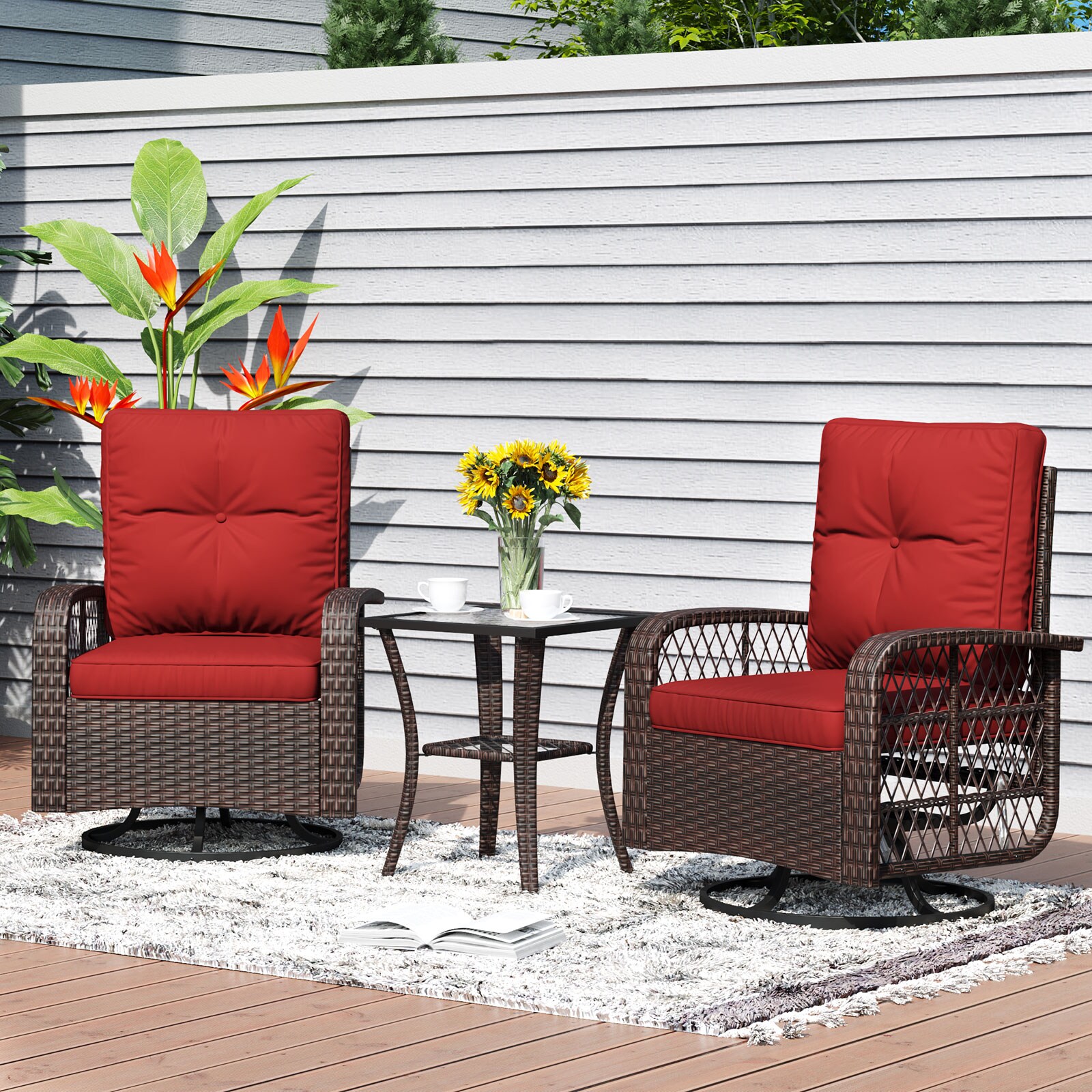 Red Cushioned Wicker Patio Bistro Set with Swivel Rocking Chairs