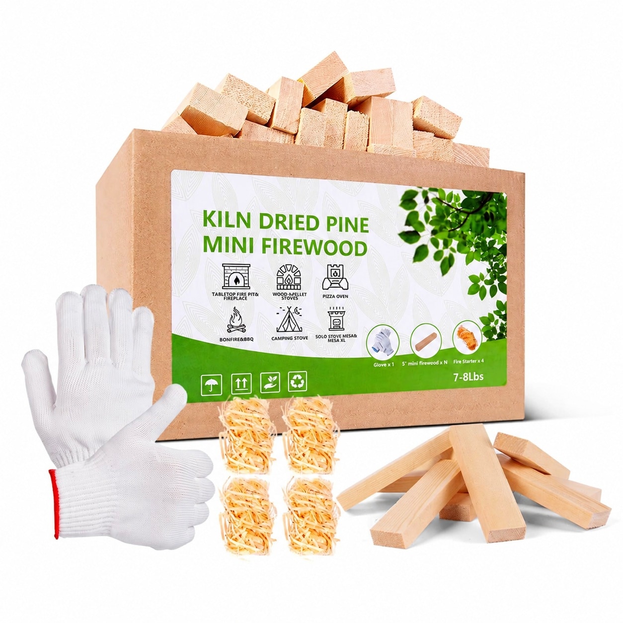 Vrbgify - Mini Firewood 5 Inch Kiln Dried Pine Wood 1 Case with 4 pcs Fire Starters and Gloves f...