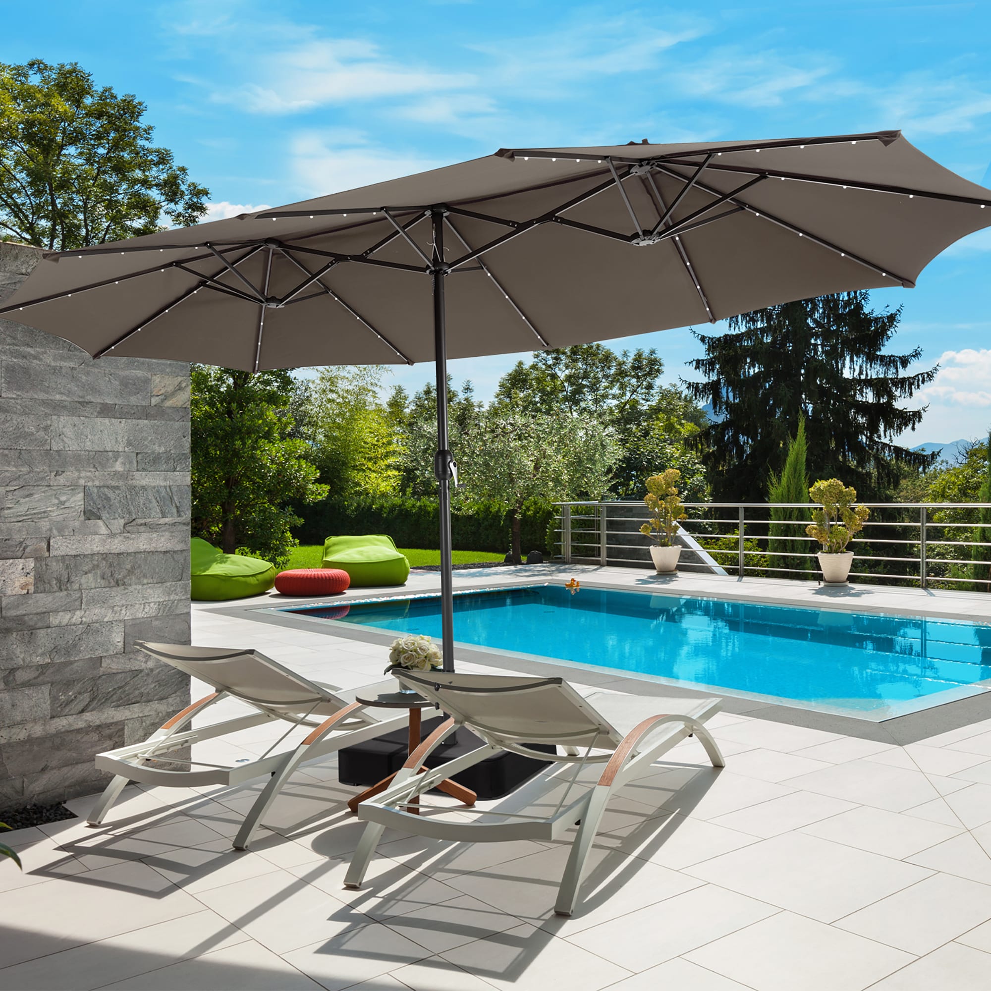 BABOOM BOM-47CF-CO 15.4-ft Steel Brown No-tilt Market Patio Umbrella with Lights with Base