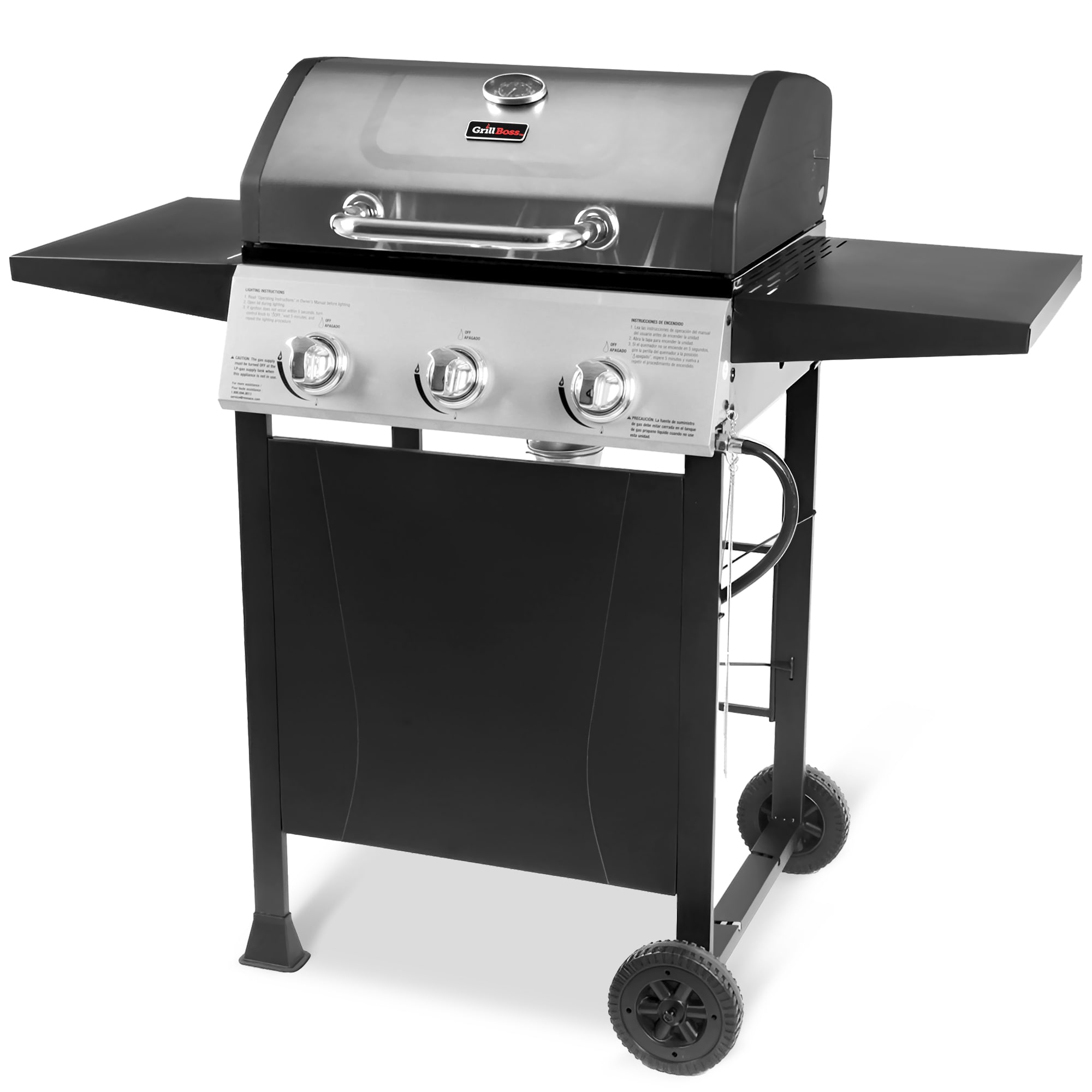 Grill Boss 396502 27 000 BTU 3 Burner Propane Gas Grill w/Wheels  Cover  and Side Shelves