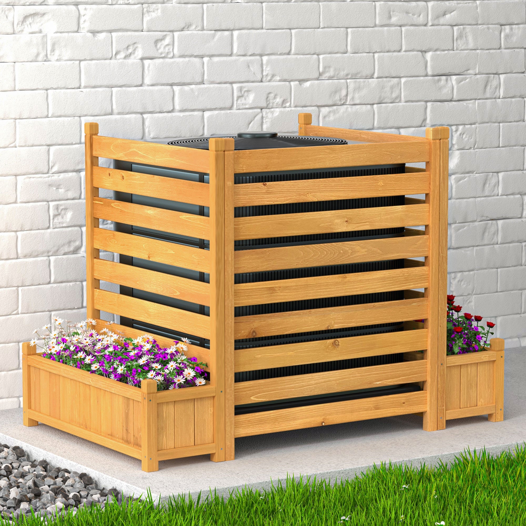 GDLF - Air Conditioner Fence 3 Panels Outdoor Wood Privacy Screen with Planter Box to Hide AC Uni...