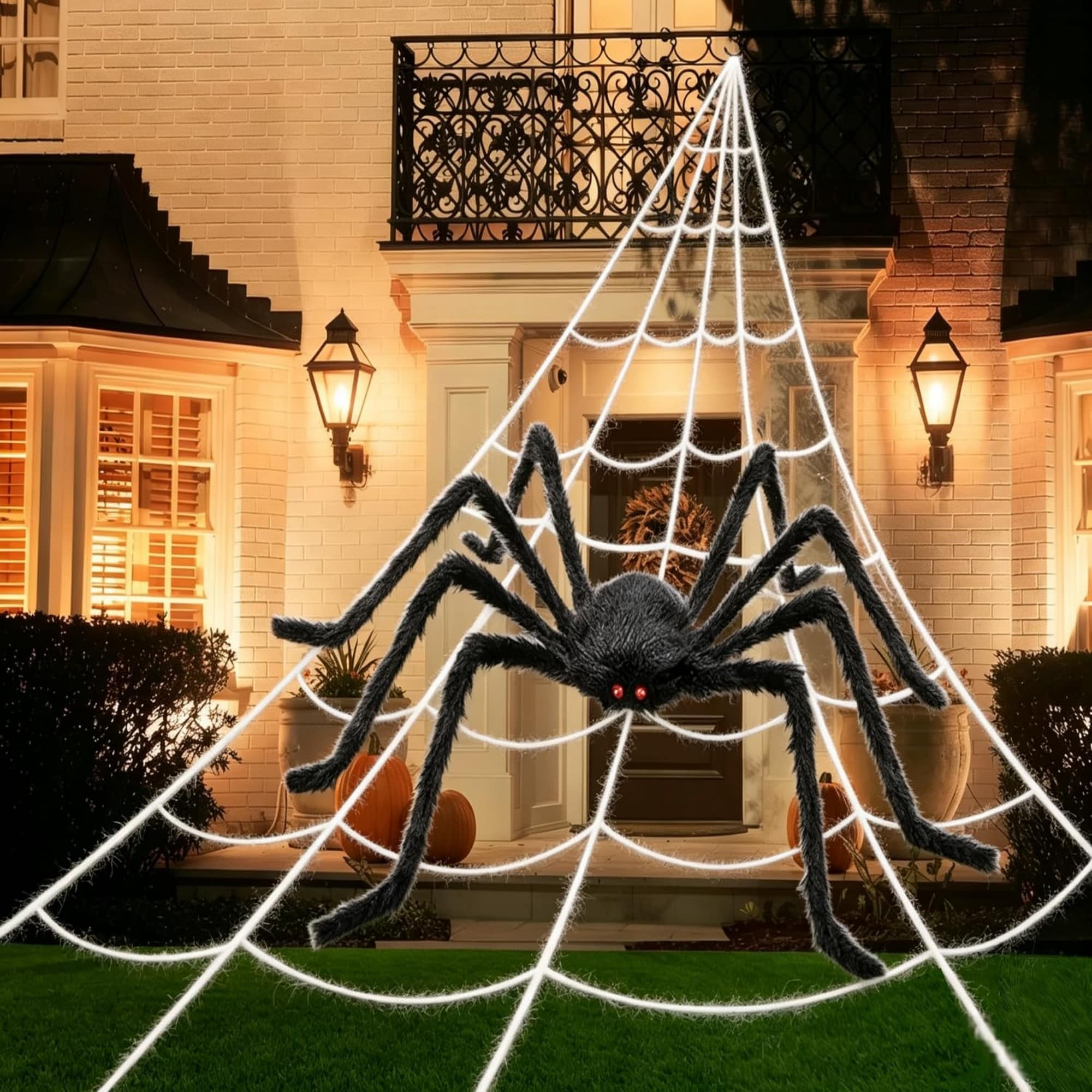 Numhew 200in Triangular Black White Halloween Spider Web Set with 59in Giant Spider Haunted House Decor