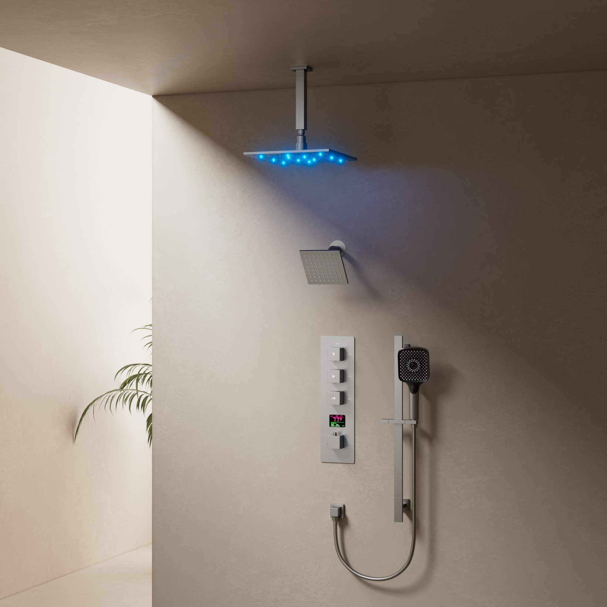 EVERSTEIN SFS-1071-NK12 Thermostatic Digital Dual Shower System Set with 12-in LED Rainfall Shower Head and 4-Function Hand Shower in Brushed Nickel