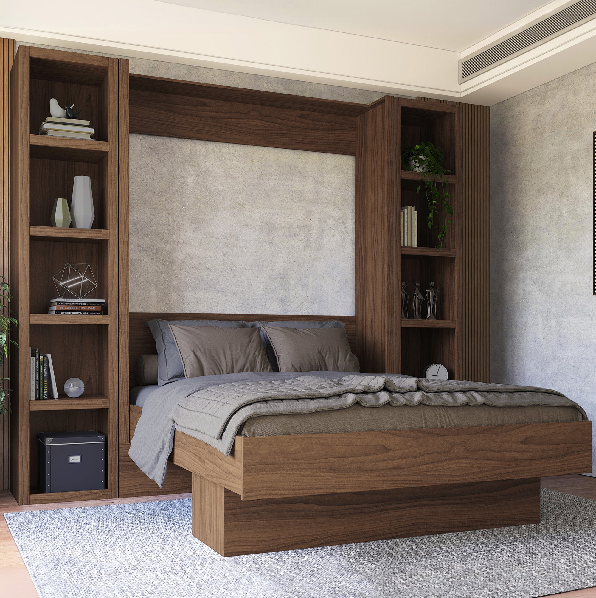 Oakland Living LILA-BED-QN-DOB-BN High Quality Brazilian Wall Bed Brown Queen Wood veneer Murphy Bed with Storage