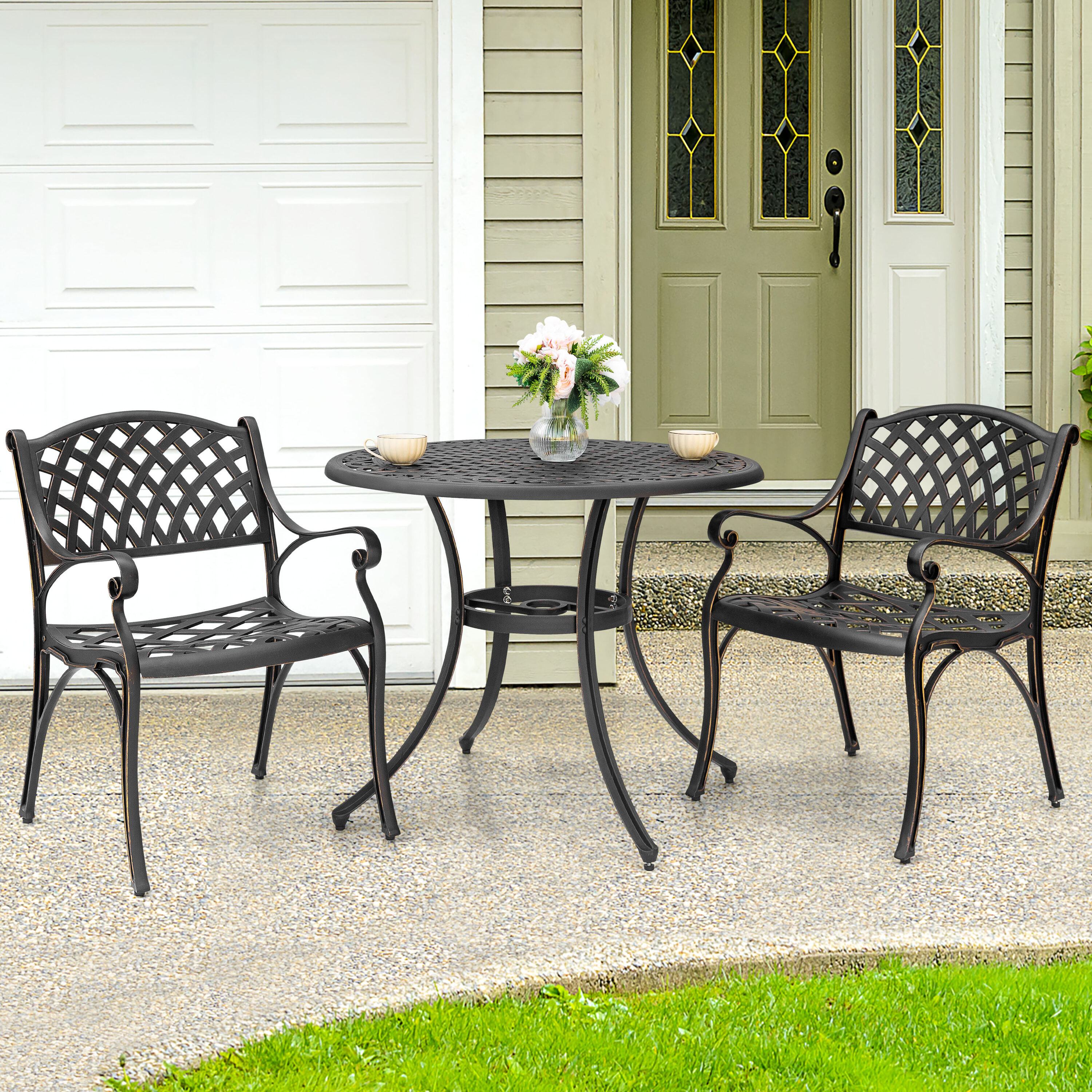 Nuu Garden SCD002-04A 3 -Piece Black with antique bronze Patio Dining Set Aluminum Round Table with 2 Stationary Chairs
