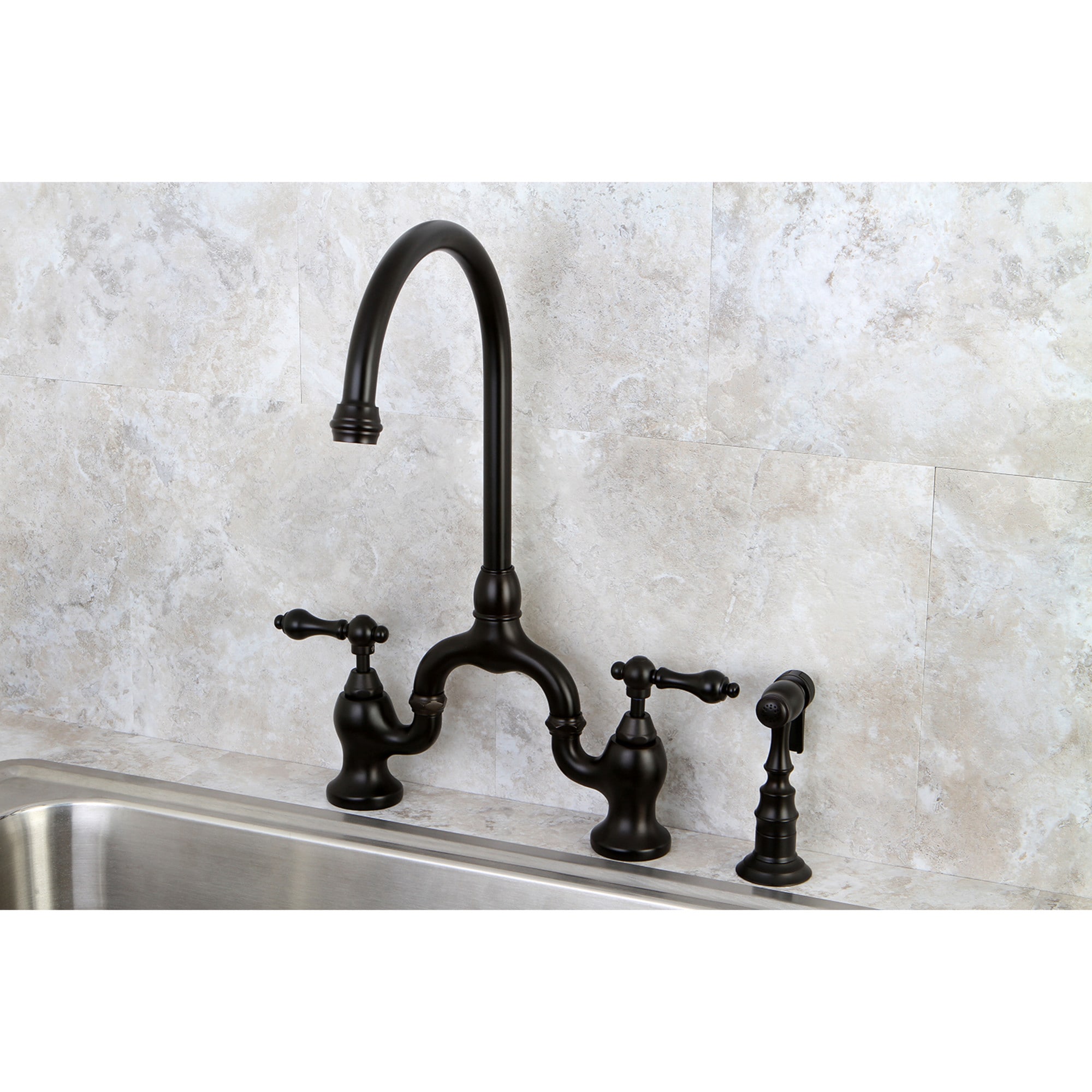 Kingston Brass WLKS7795ALBS English Country Oil-rubbed bronze Double Handle Deck-mount Bridge Kitchen Faucet with Sprayer ( Side Sprayer Included )