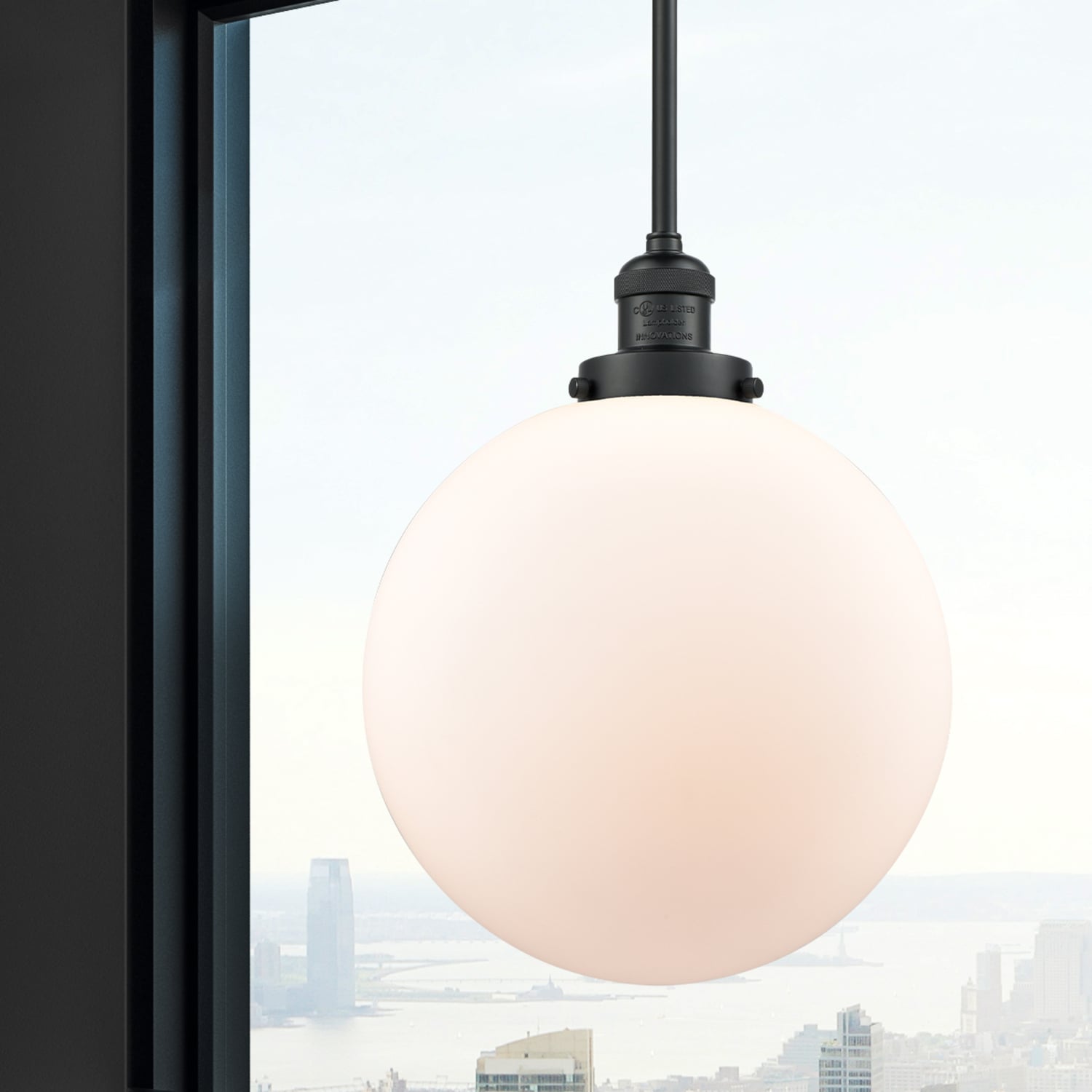 Innovations Lighting 201S-BK-G201-12 Beacon Matte White, Matte Black Industrial Opal glass Globe Medium Hanging Pendant light