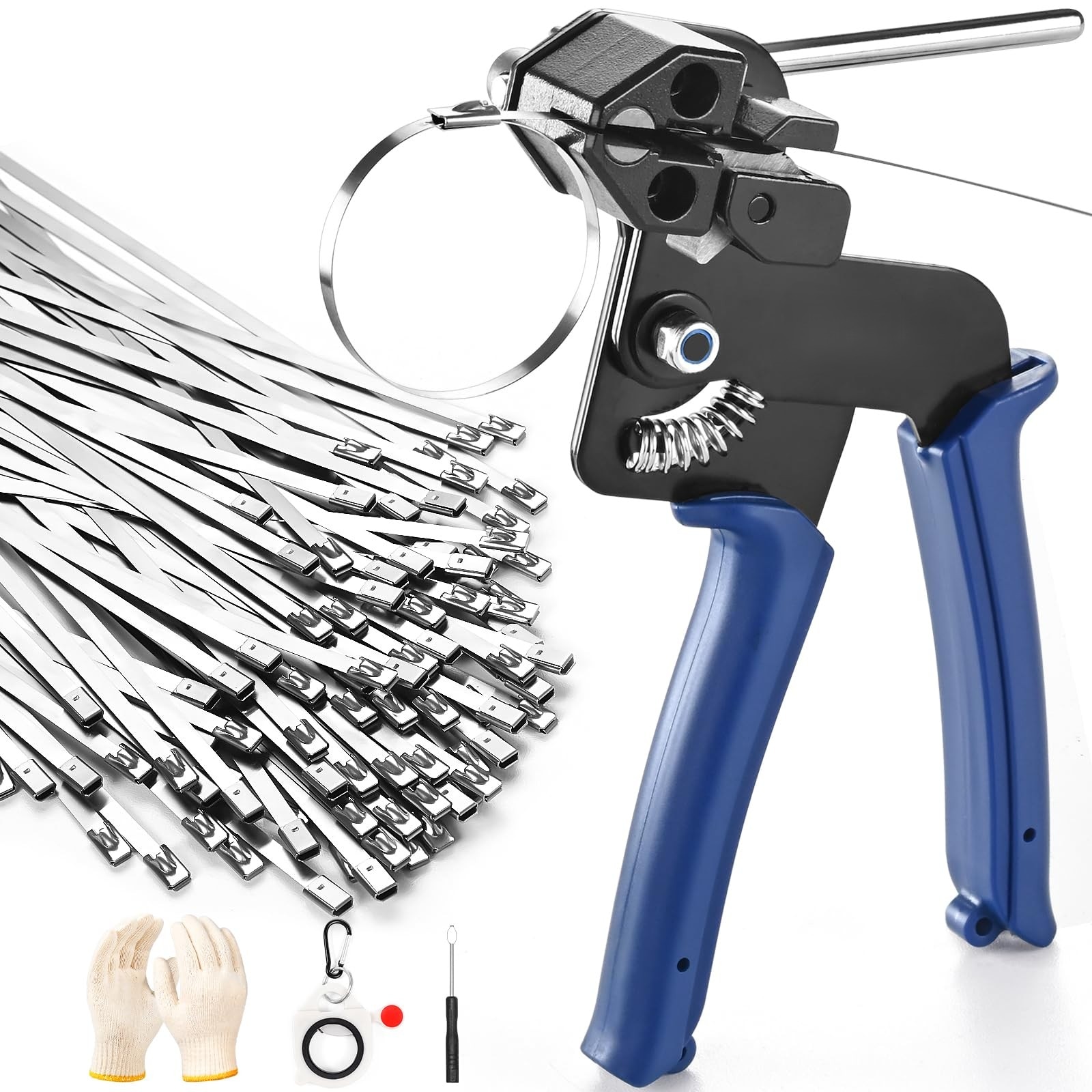 Angel Sar 11.8in 100-Pack Stainless Steel Blue Adjustable Zip Ties Tool Kit with Built-in Cutter and Organizer