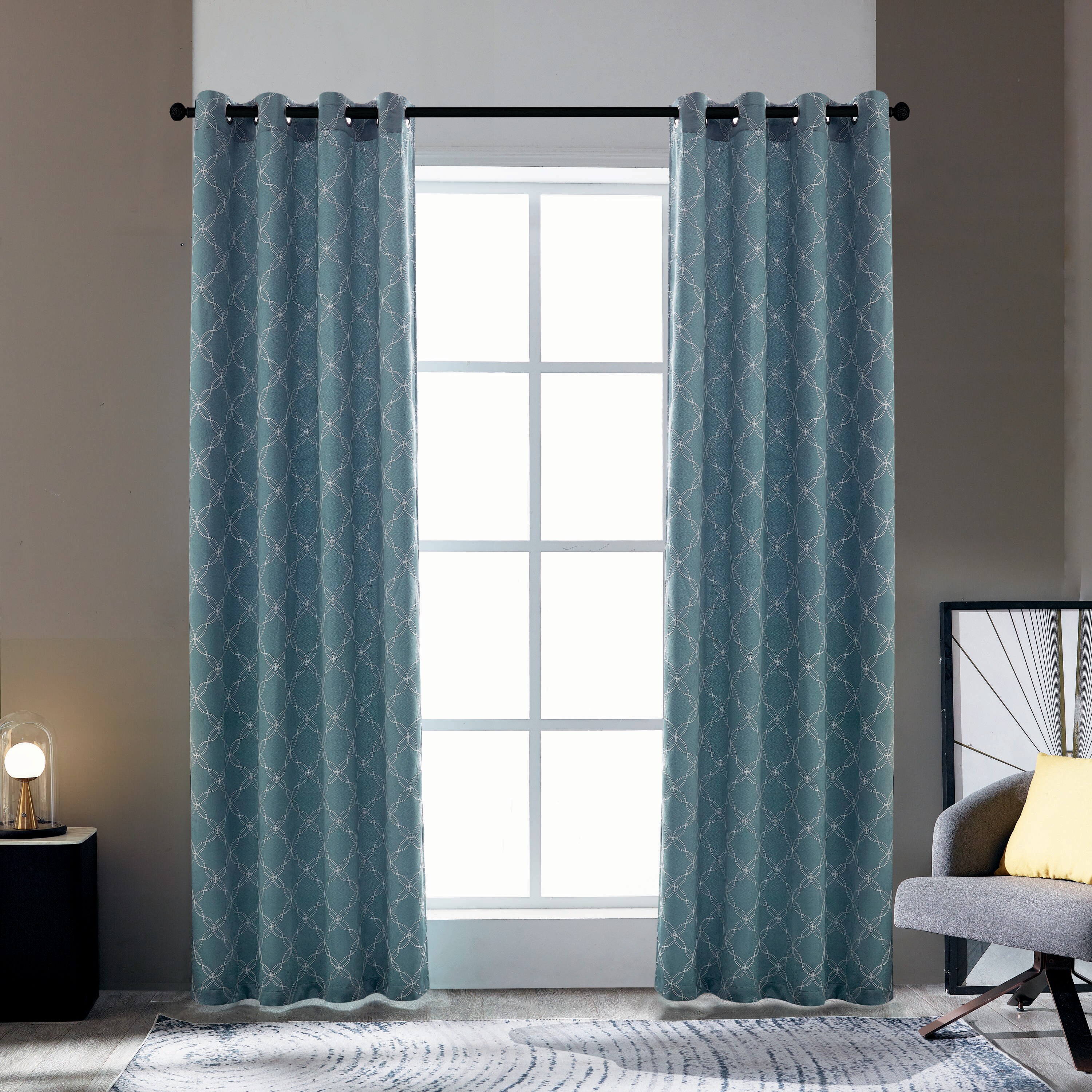  AMELIA-95-LB 95-Inches Lake Blue Geometric Room darkening Grommet Single curtain panel