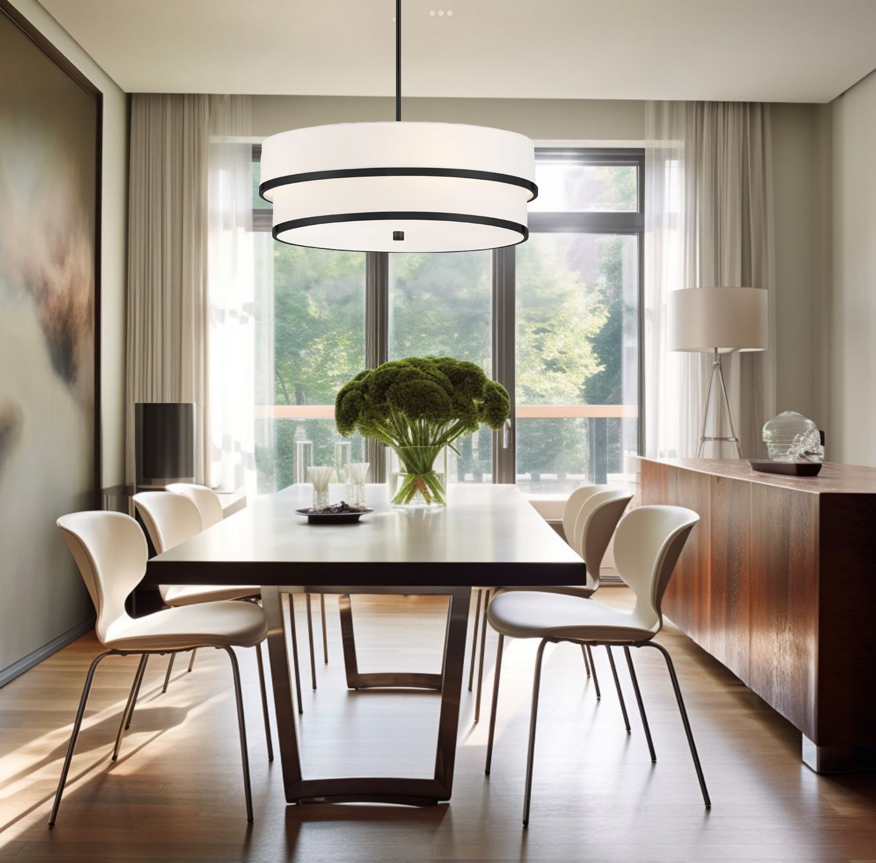 Coal Black Glass Drum Pendant Light with White Linen Shade