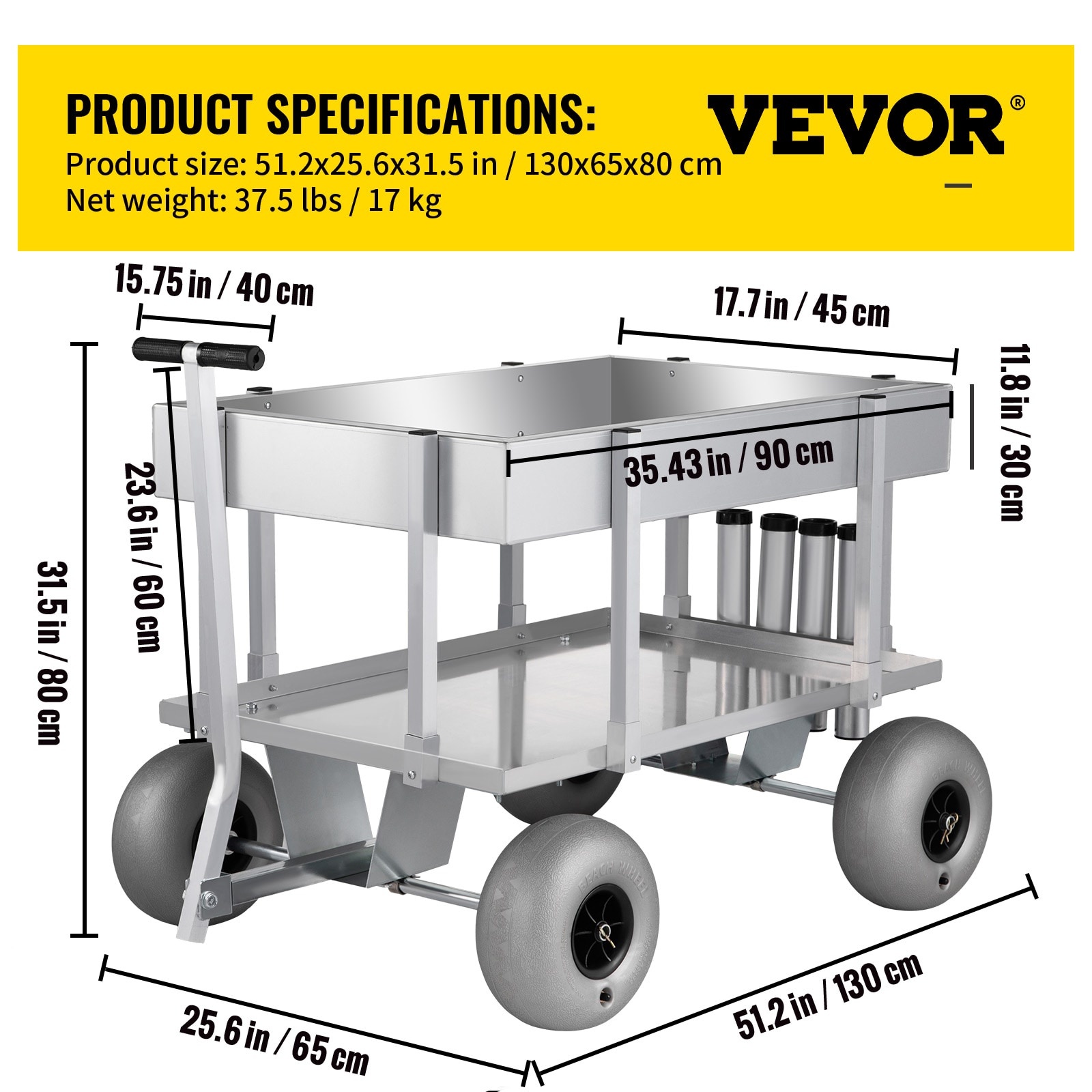 VEVOR Beach Fishing Cart 300 lbs Load Capacity Foldable Fish and Marine Cart with Four 11 Big Wheels Rubber Balloon Tires for Sand Heavy-Duty Steel