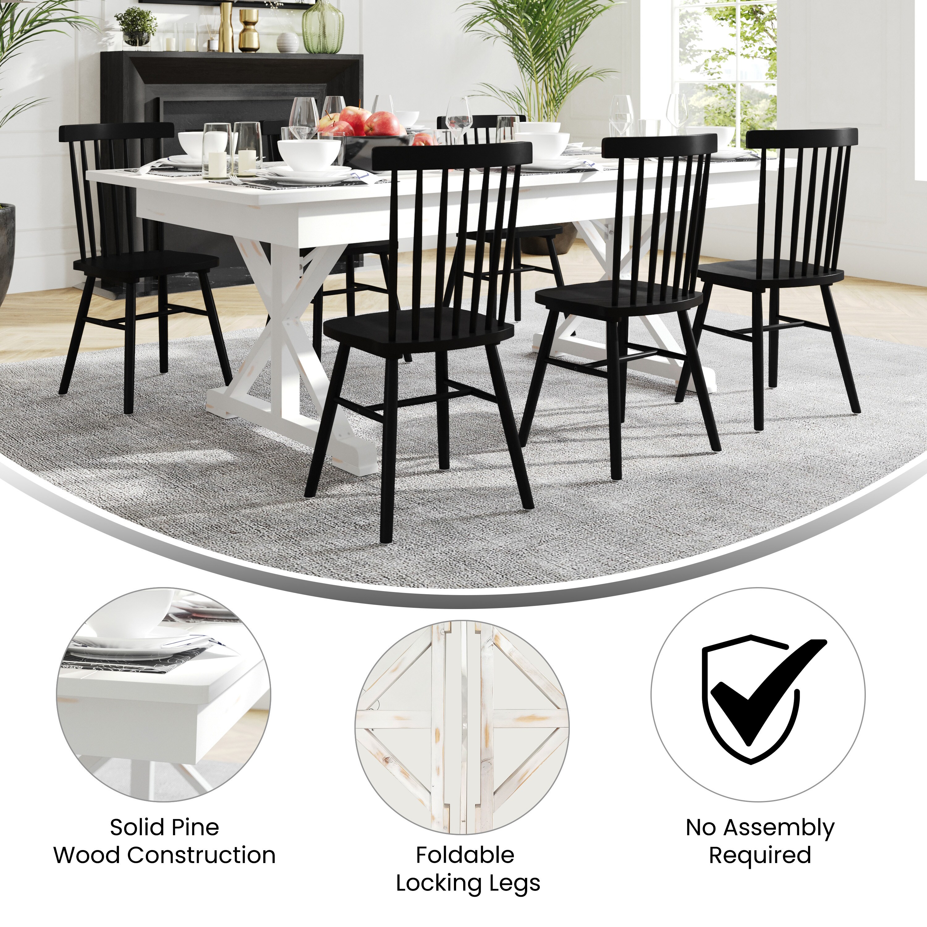 Antique Rustic White Solid Pine Foldable Dining Table with X-Legs