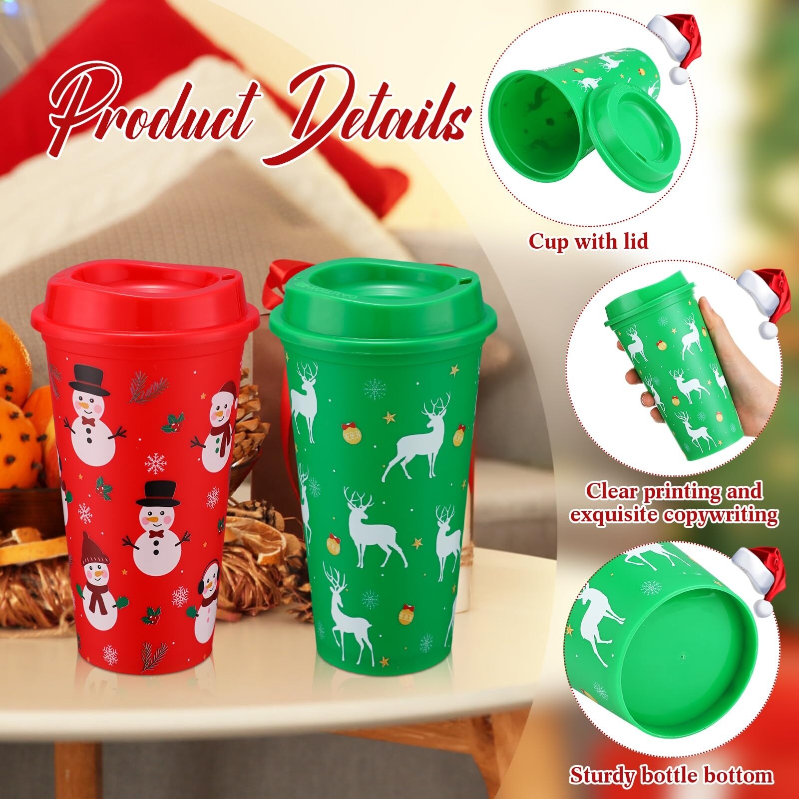 Aoibox  16 oz Christmas Reusable Plastic Coffee Cups with Lids Set of 12 Holiday Tumblers Party Favors Stylish