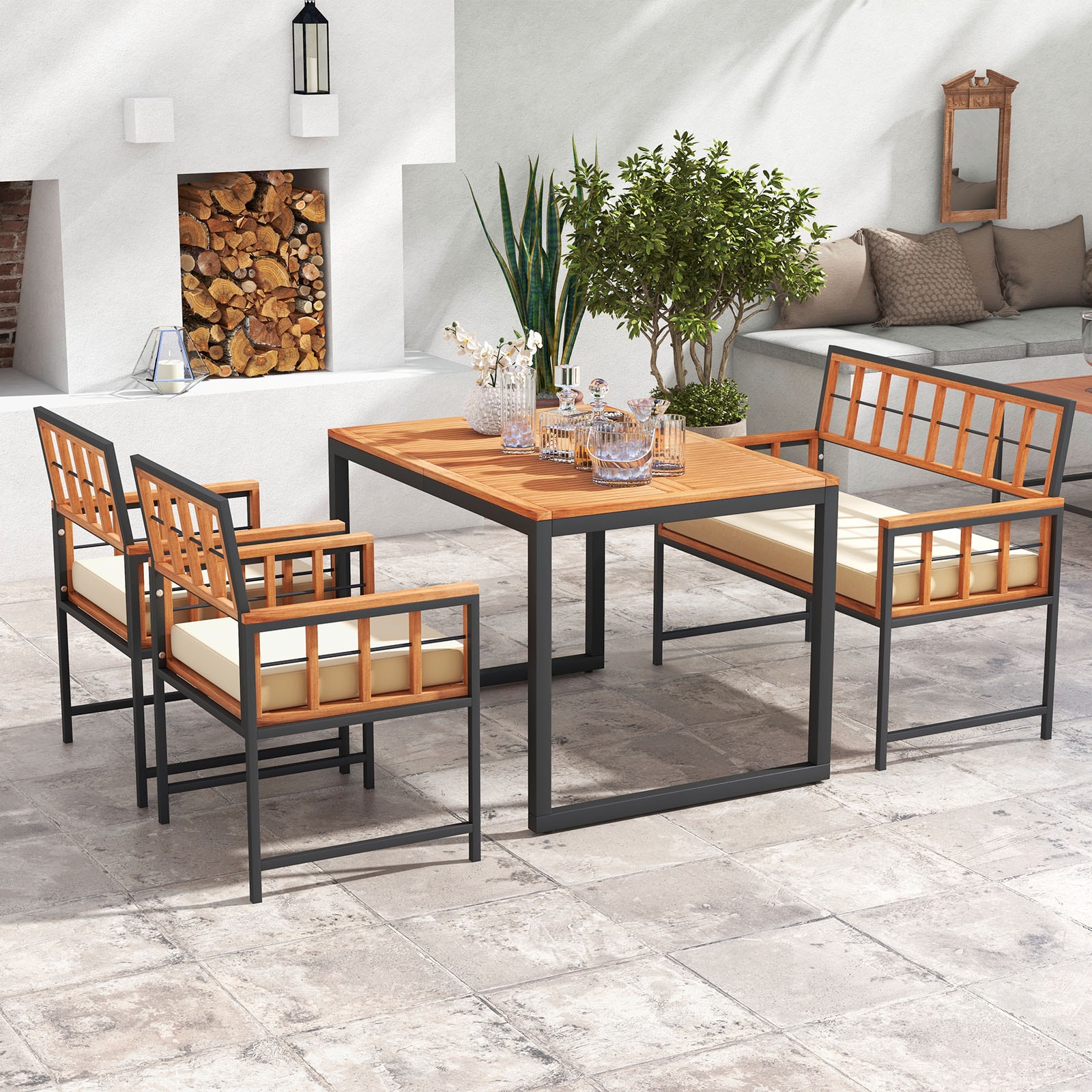 Forclover HBV-71668BN 4 -Piece Natural and Black Patio Dining Set Wood Rectangle Table with 4 Beige Cushions Stationary Chairs