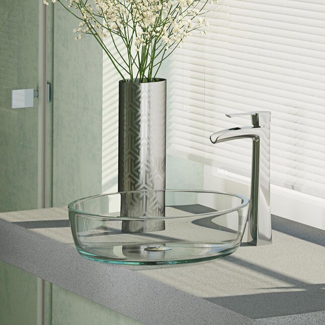 Glass Vessel Sink in Crystal with R9-7007 Faucet and Pop-Up Drain in Chrome Glass Vessel Sink in Crystal with R9-7007 Faucet and Pop-Up Drain in Chrome