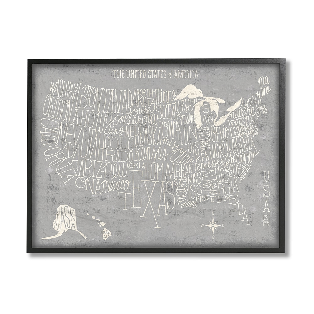 Stupell Industries AC-463-FR-24X30 Grey Distressed Us Map Playful Typography Michael Mullan Framed 30-in H x 24-in W Maps Print