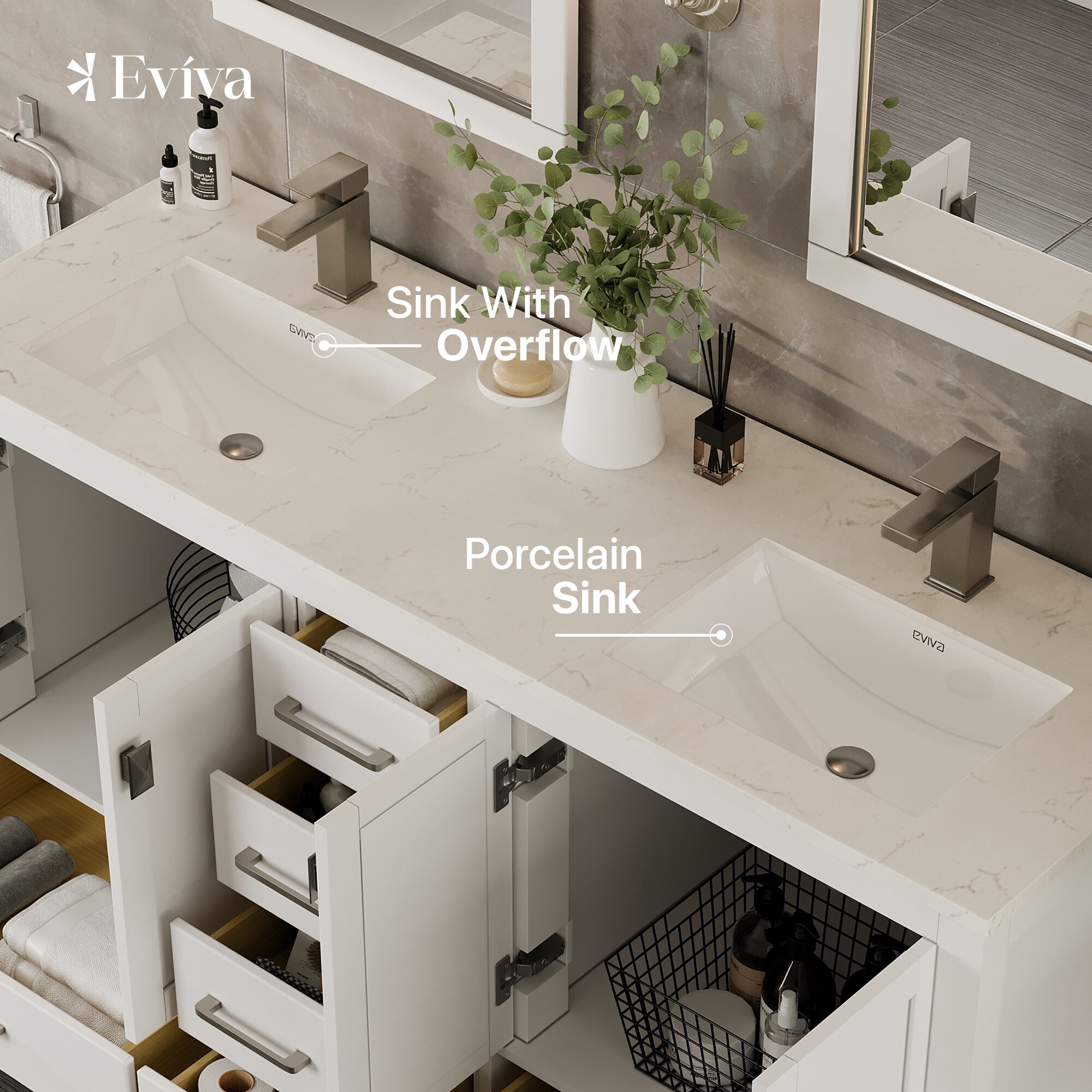 London Double Sink White Bathroom Vanity with Carrara Quartz Countertop