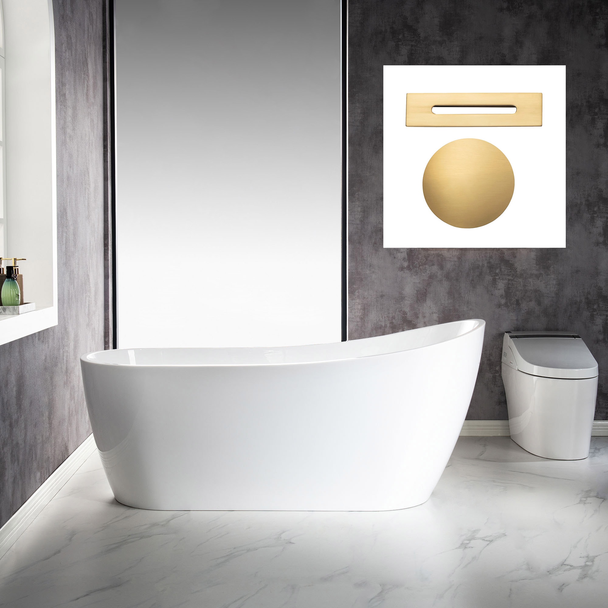 Woodbridge LB171 Lleida 28.25-in x 67-in White with Brushed Gold Trim Acrylic Oval Freestanding Soaking bathtub with Drain ( Reversible Drain )