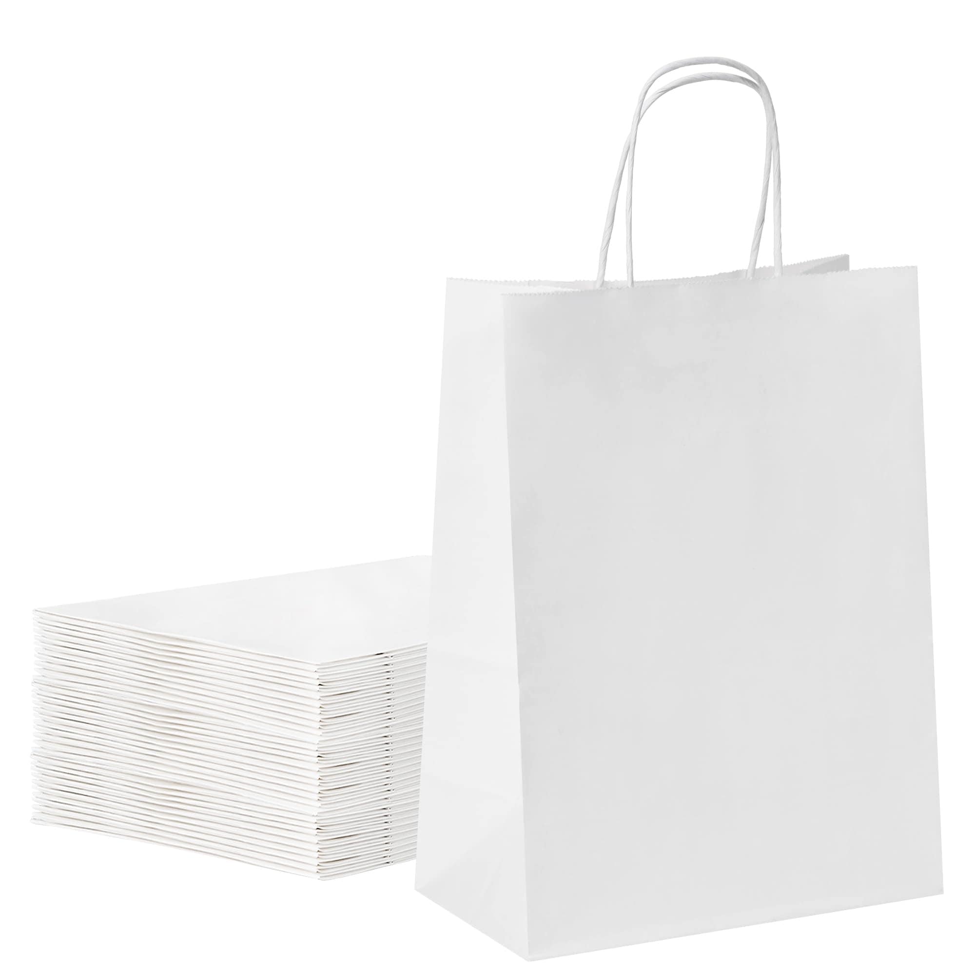 Afoxsos Medium White Kraft Paper Gift Bags with Handles 50 pack Eco Friendly Bulk 8 x 4 5 x 10 8 Inches for Wedding Birthday Party Favor Holiday #L05AF08049