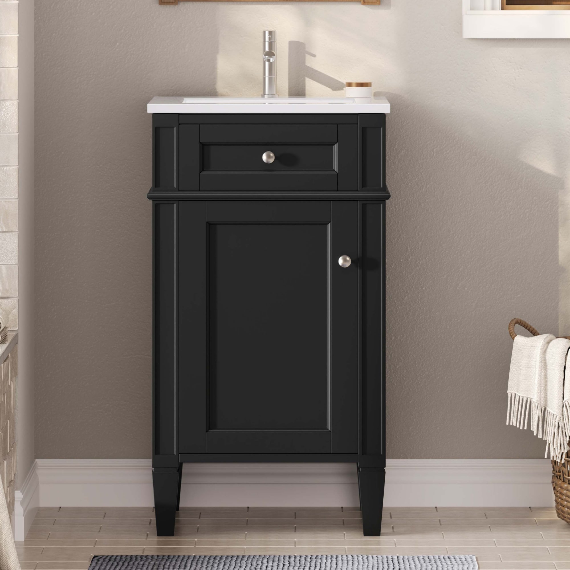 LUXEYARD 18-inch Bathroom Vanity with Ceramic Sink Freestanding Single Vanity Set with Soft Closing Door Adjustable Shelf French Style Solid Feet Black