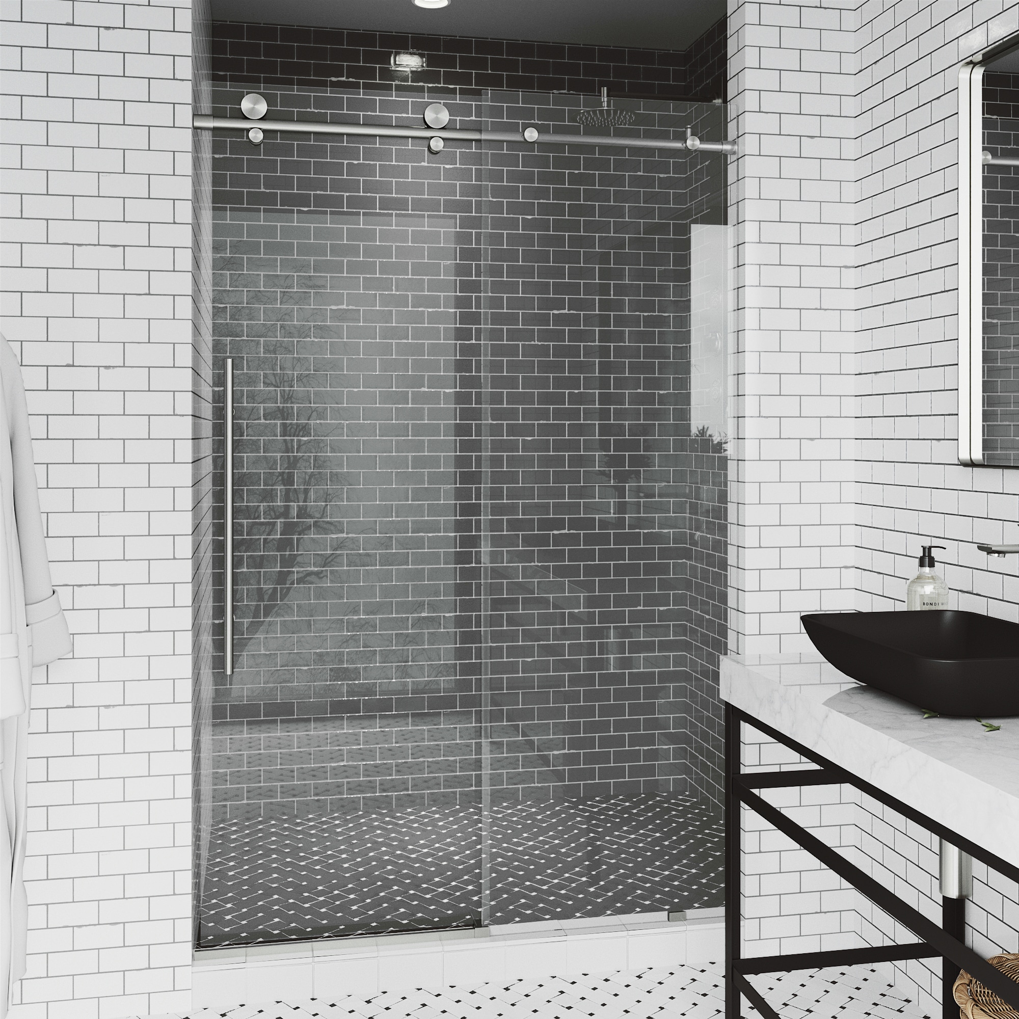 VIGO VG6021STCL4876 Elan E-Class Stainless Steel 44-in to 48-in W x 76-in H Frameless Sliding Shower Door 3/8-in Thick Clear Glass