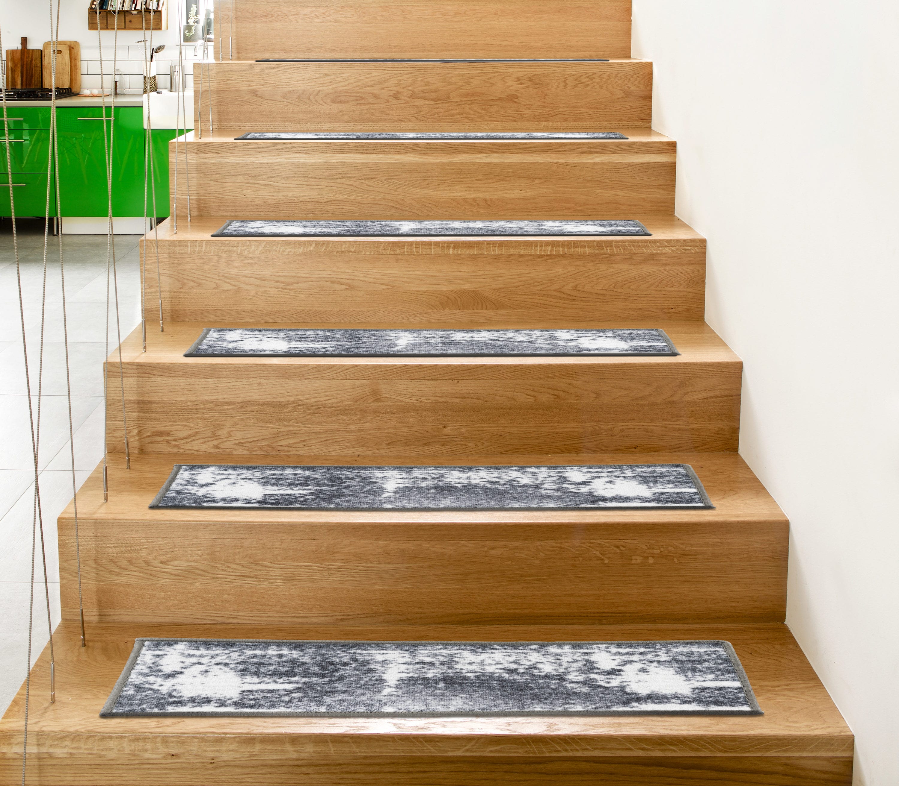 Gray and White Distressed Bohemian Non-Slip Stair Treads Set
