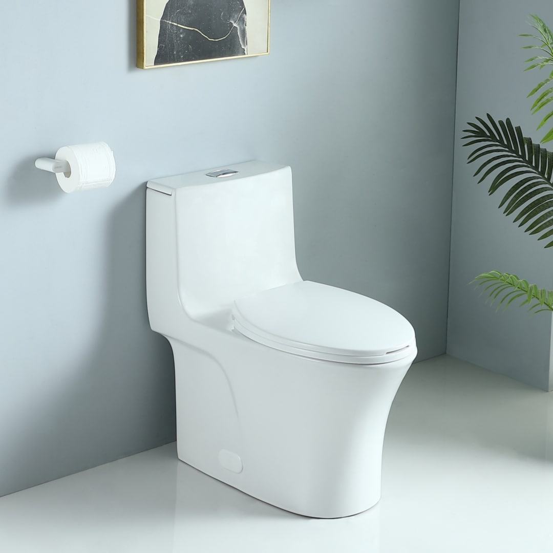 Wooakway 11/160 GPF Dual-Flush One Piece Toilet Water-Saving Elongated Comfort Height Floor Mounted Soft Closing Seat 1000 Gram Map Flushing Score Toilet Glossy White GF-24T02-GW