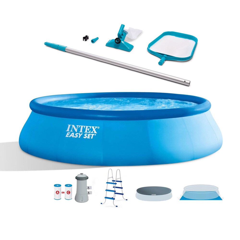 Intex 112763 15-ft x 15-ft x 42-in Inflatable top ring Round Above-Ground Pool with Filter Pump with Ground Cloth with Pool Cover with Ladder