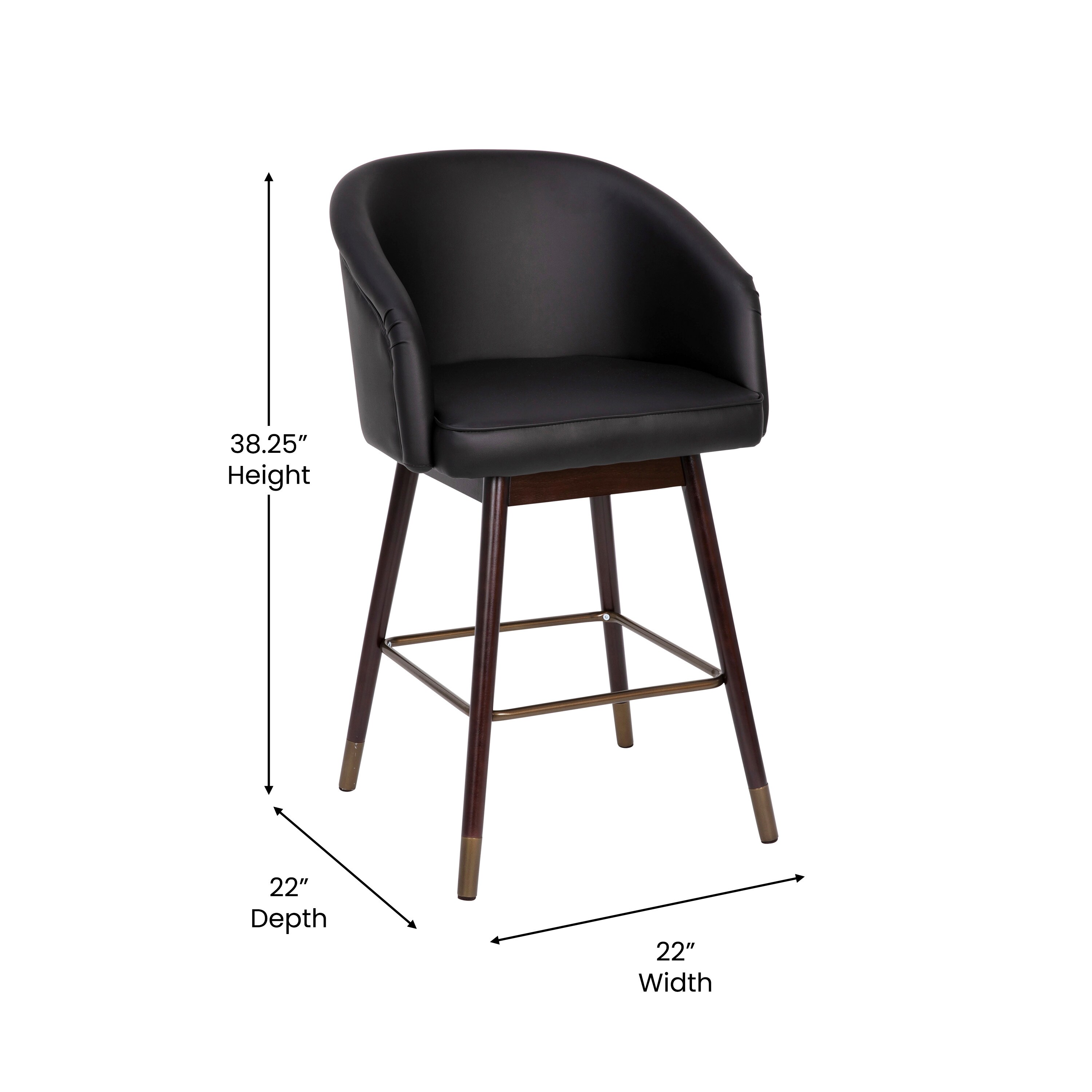 Black Leather and Walnut Wood Counter Stools with Metal Accents