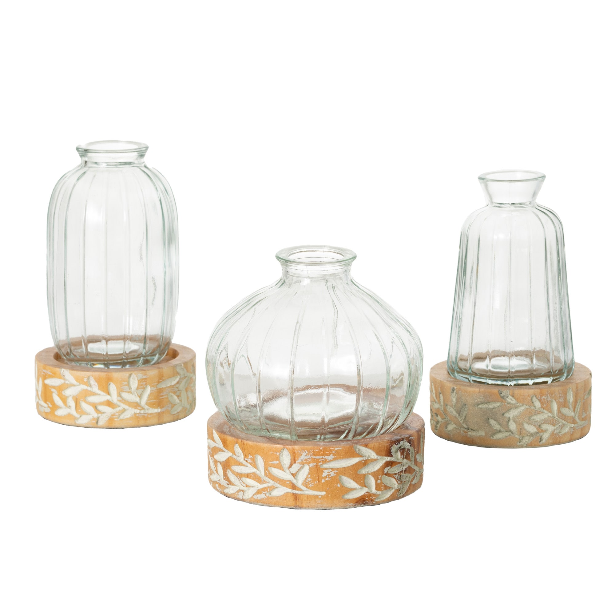 Embossed Glass and Wood Vase Set with Leaf Pattern, 3-Piece