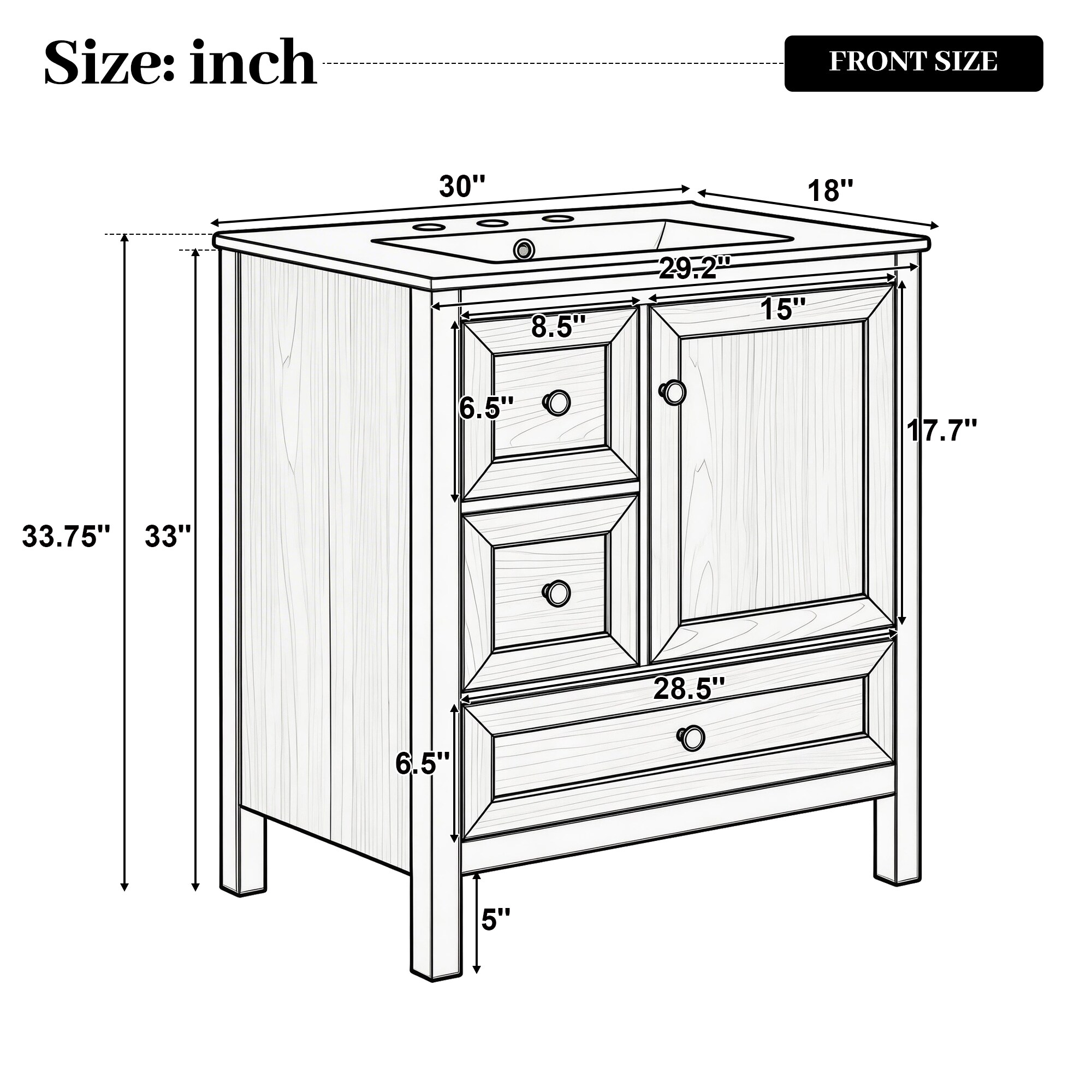 Tinyhomie Wood Grain Bathroom Vanity with Ceramic Sink Solid Wood Legs ...