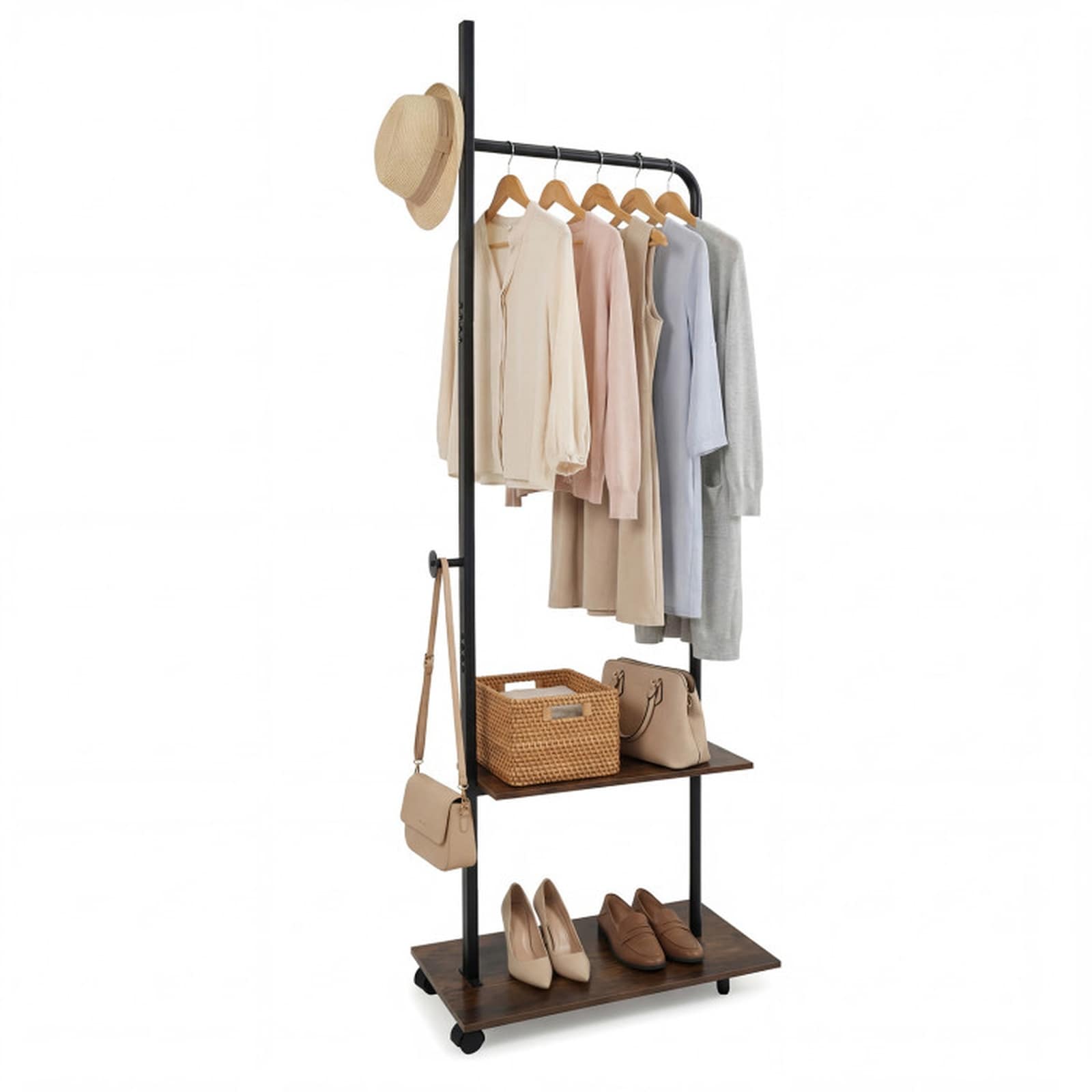 SUGIFT Freestanding Clothing Rack with Wheels 2 Storage Shelves Side Hooks and Hanging Rod for Entryway Bedroom and Laundry Room-Rustic Brown