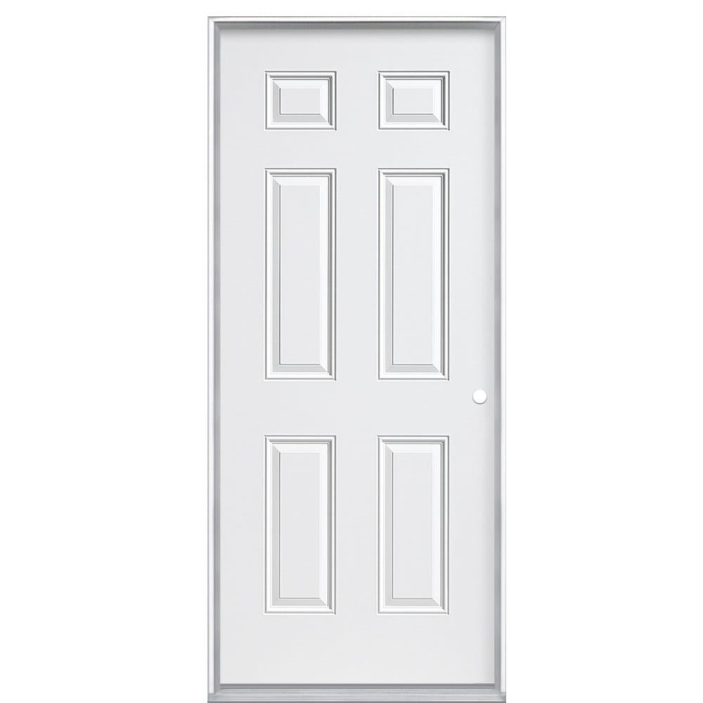 Masonite 740863 6 Panel Steel 90 Minute Fire Rated Doors 36-in x 80-in x 6-9/16-in Steel No glass Left-hand inswing Primed Fire Rated Prehung Front Door Insulating core