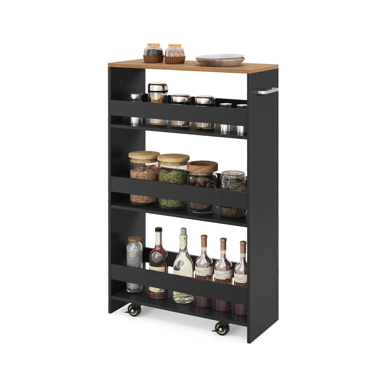 Slickblue - Narrow Storage Cart with 3 Tier Shelves Lockable Wheels Guardrails and Handle for Bat...