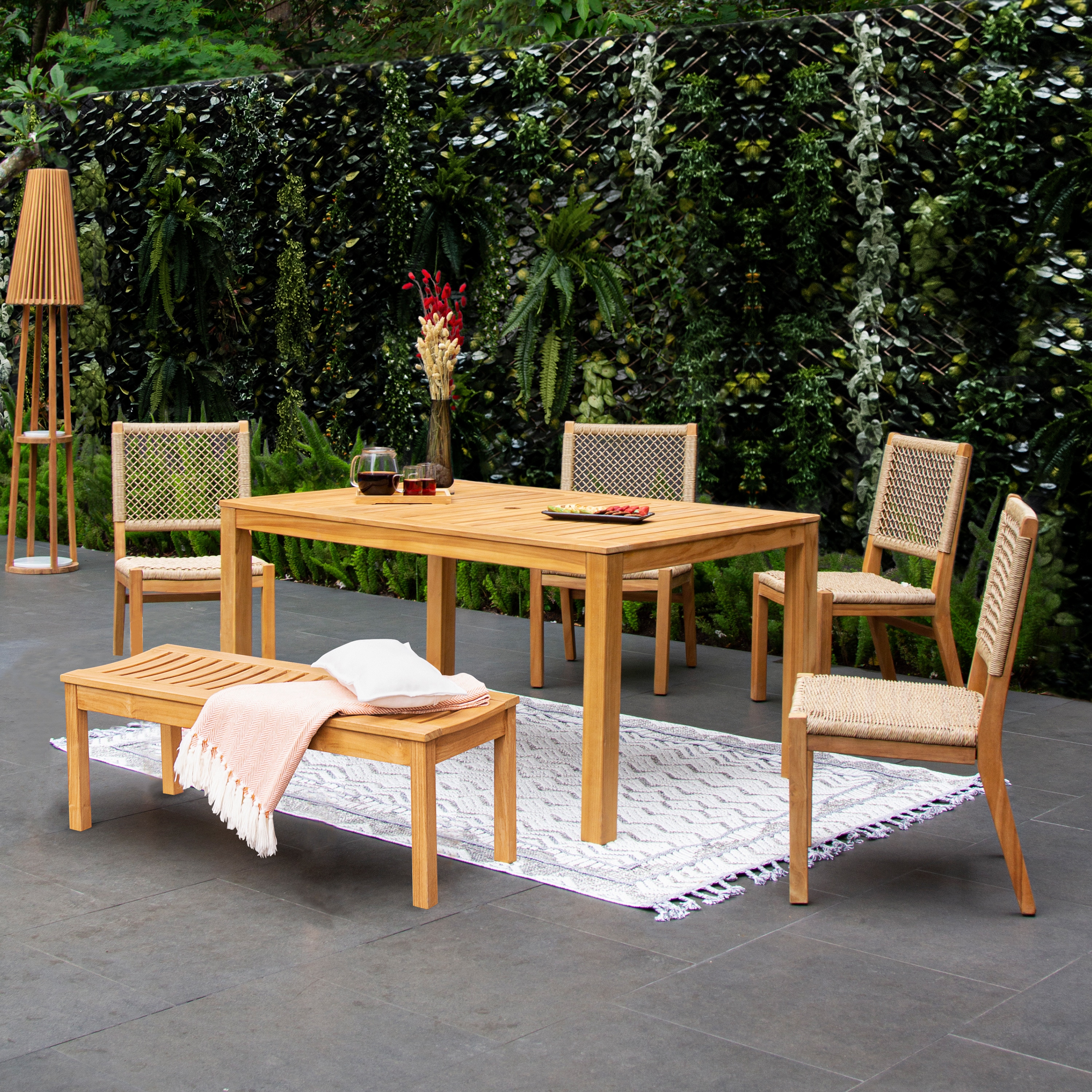 Cambridge Casual 610715-TW-XX-XX-HT Paxton 6 -Piece Natural Teak Wicker Patio Dining Set Wood Rectangle Table with 5 Stationary Chairs