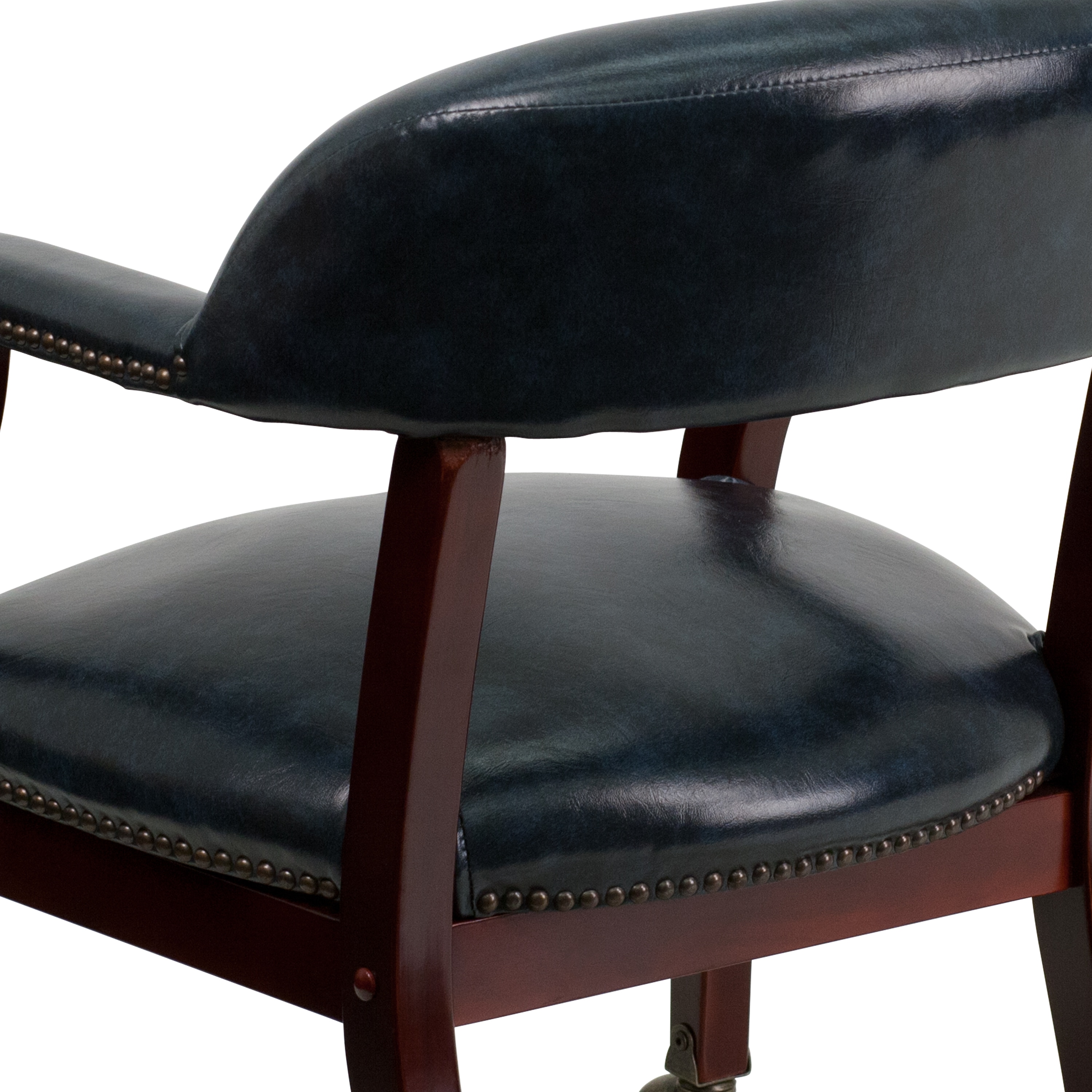Navy Vinyl Captain's Conference Chair with Brass Casters and Mahogany Frame