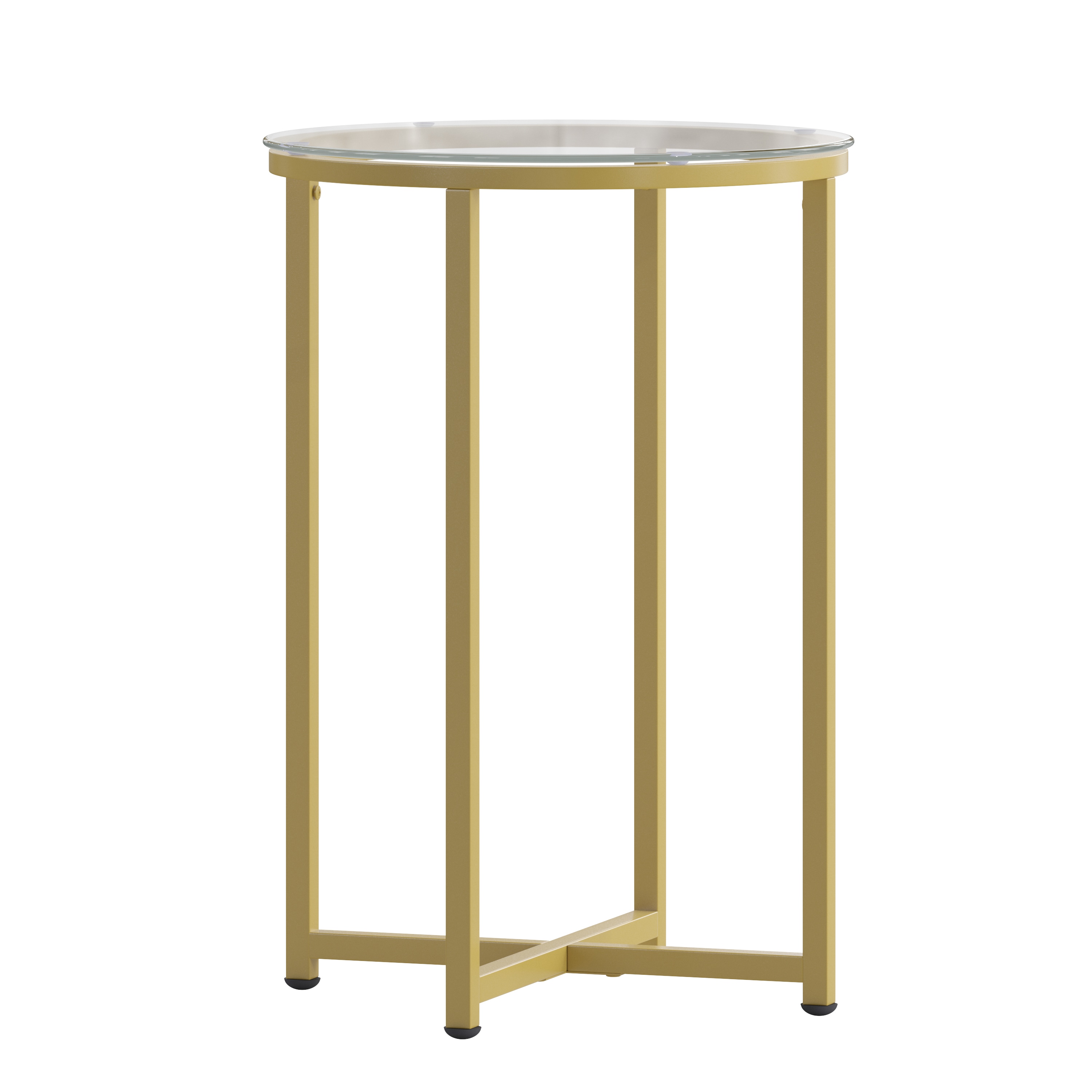 Elegant Round Glass Top End Table with Brushed Gold Crisscross Base