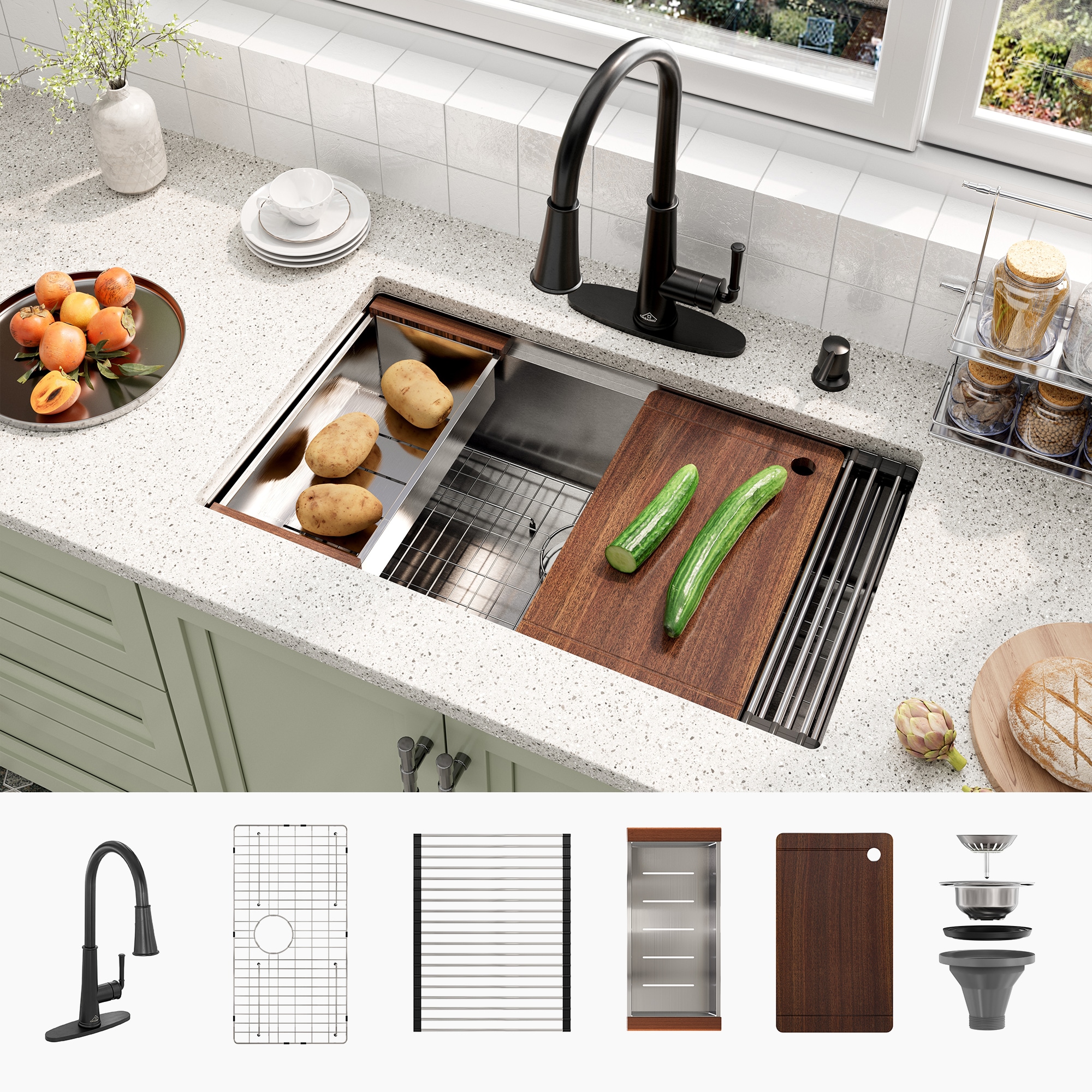 CASAINC CAKE07013U32M85 Undermount 32-in x 19-in Stainless steel Single bowl 18 -Gauge Workstation Kitchen Sink All-in-One Kit with Drainboard