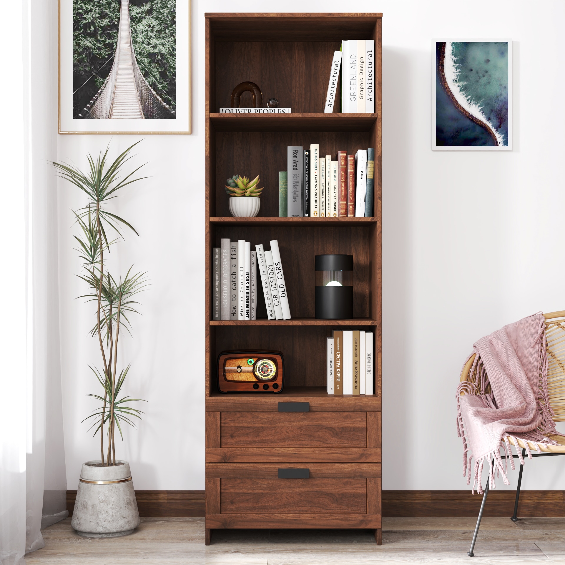 Tatayosi RY-1P265269 Bookshelf With Drawers 4 Shelf Modern Home Office Living Room Study Ideal For Both Residential And Commercial Settings Perfect For Enhancing Your Home Decor