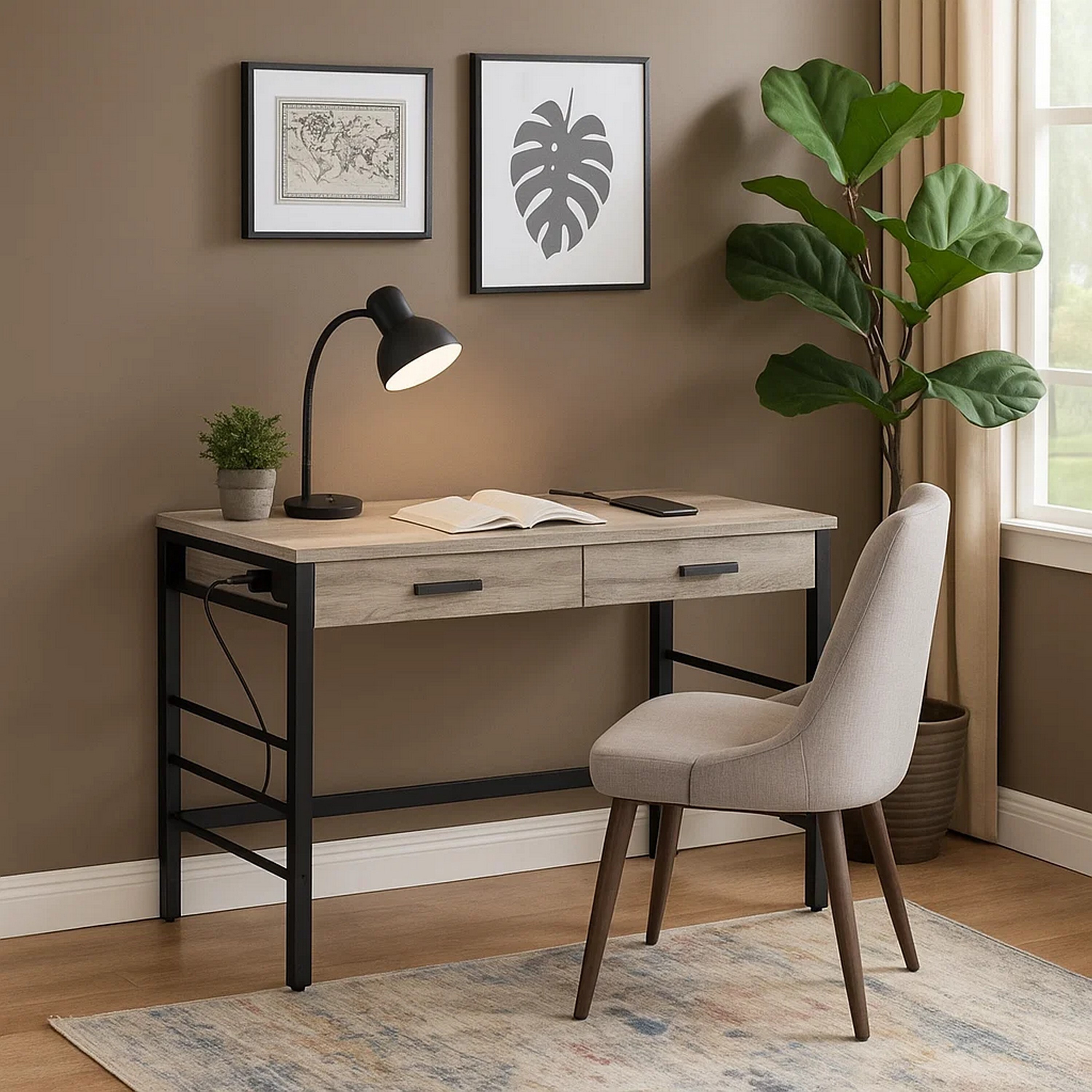 Benzara 42 in. Rectangular Gray and Black Wood Top 2-Drawer Writing ...