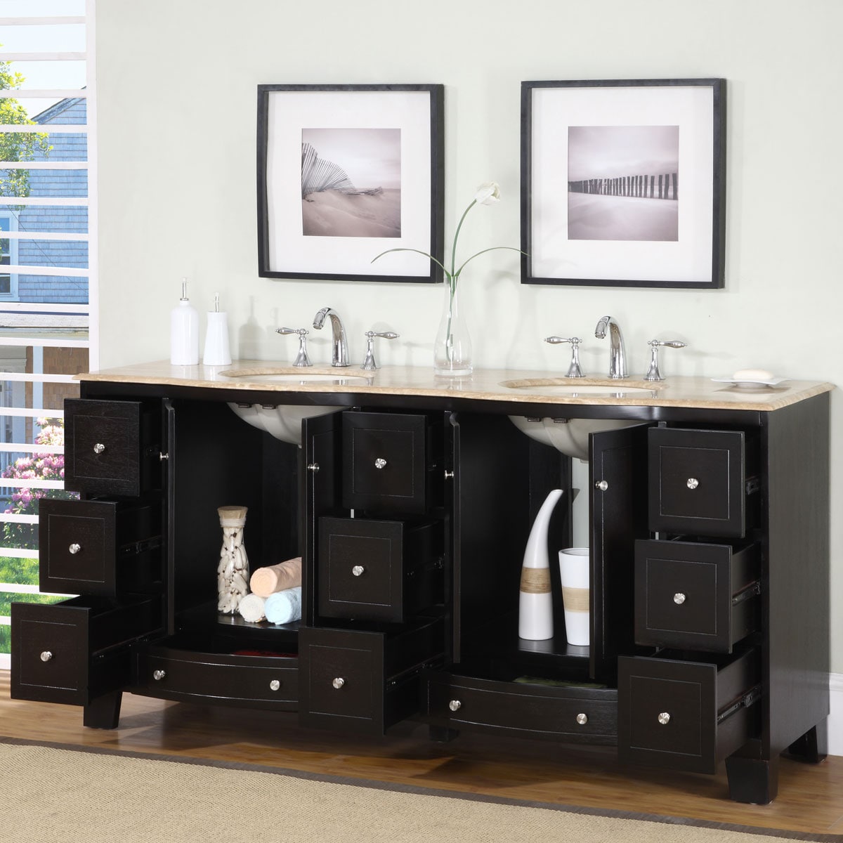 Silkroad Exclusive 72-in Brazilian Rosewood Undermount Double Sink Bathroom  Vanity with Travertine Top in the Bathroom Vanities with Tops department at