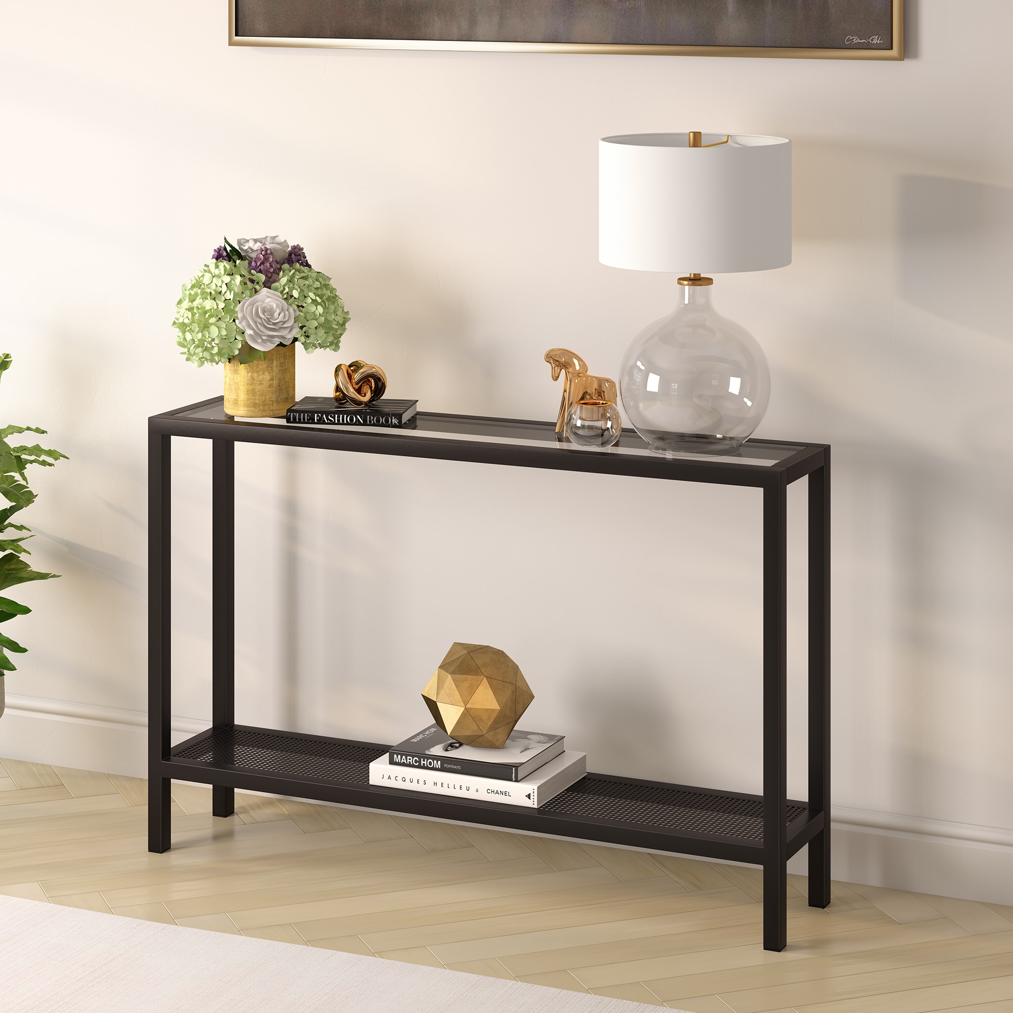 Evelyn&Zoe 46" Blackened Bronze Metal & Glass Console Table with Storage