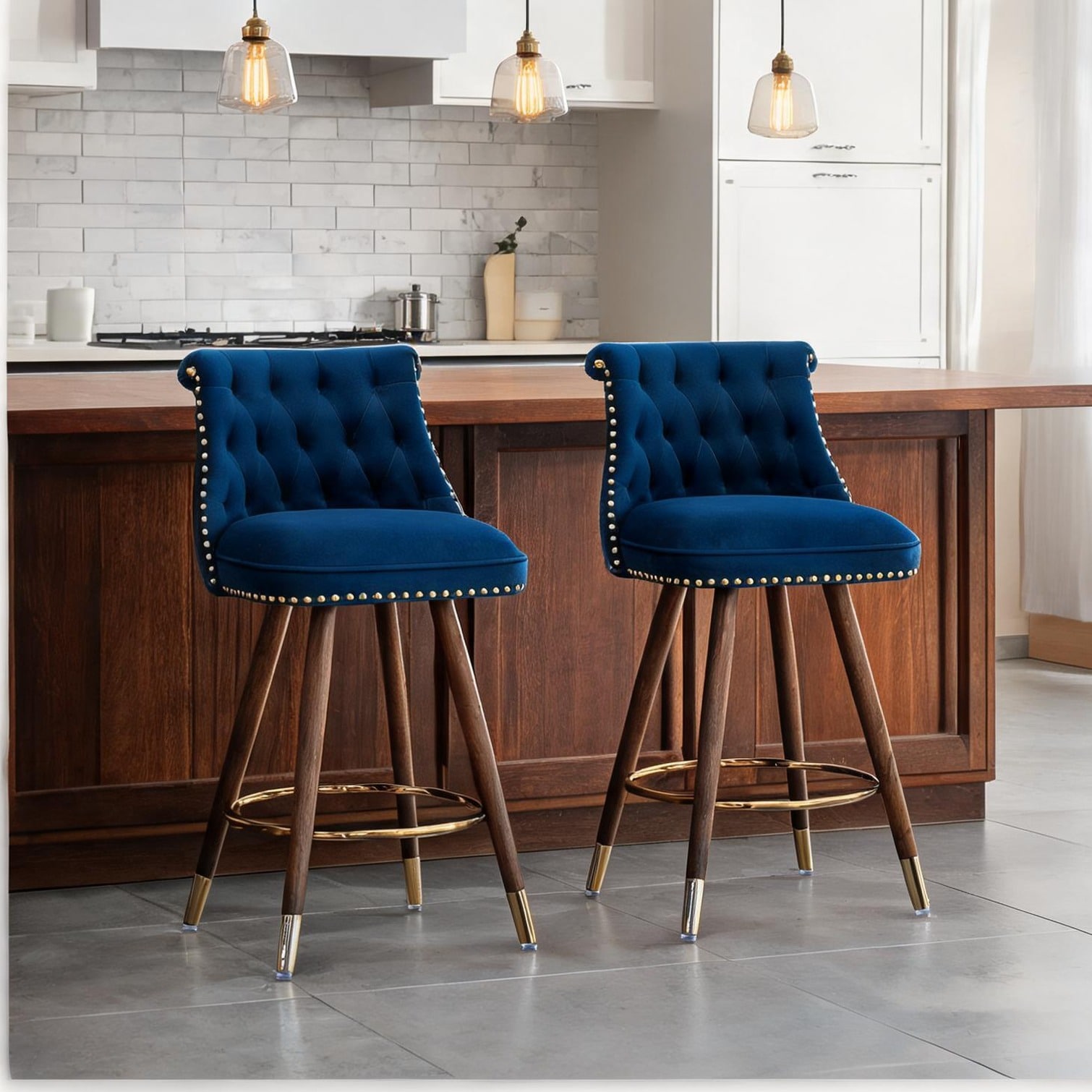 FlowLuxe Counter-Height Dining Stools in Deep Blue Velvet with Button ...