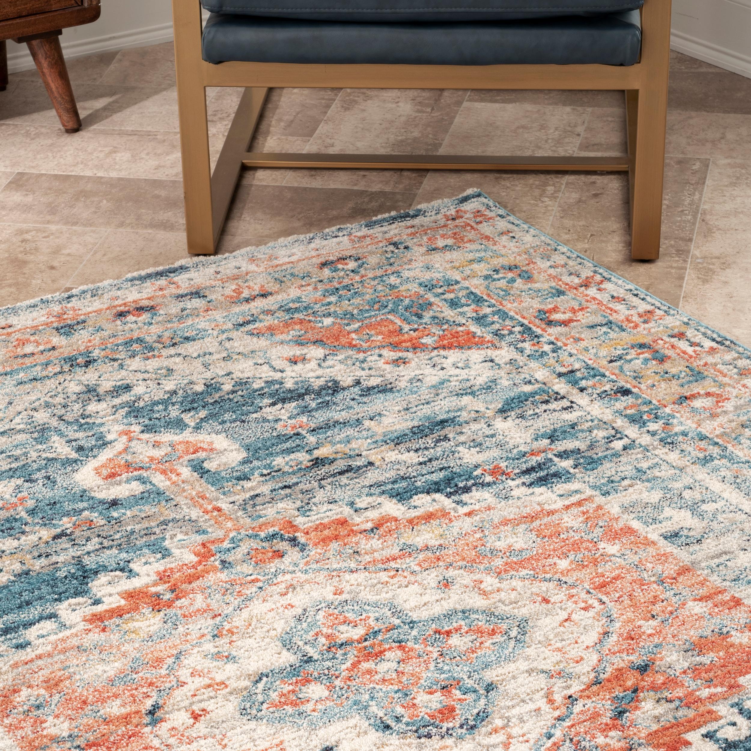 Harley Blue Medallion Synthetic Easy Care Runner Rug